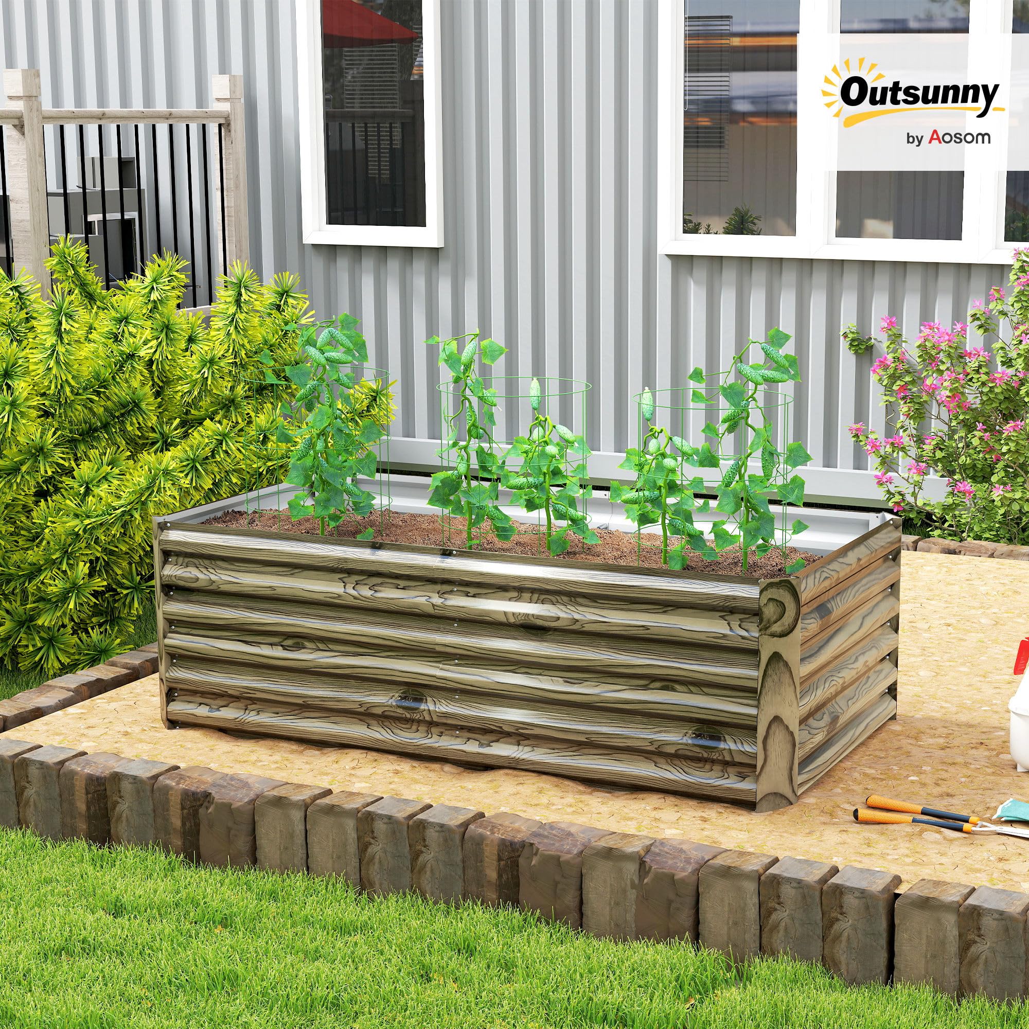 Outsunny Jardinera Exterior Grande Rectangular 180x90x57,5 cm Natural | de Acero Galvanizado, Huerto Urbano para Cultivar Plantas, Macetero con Base Abierta, Resistente a la Intemperie