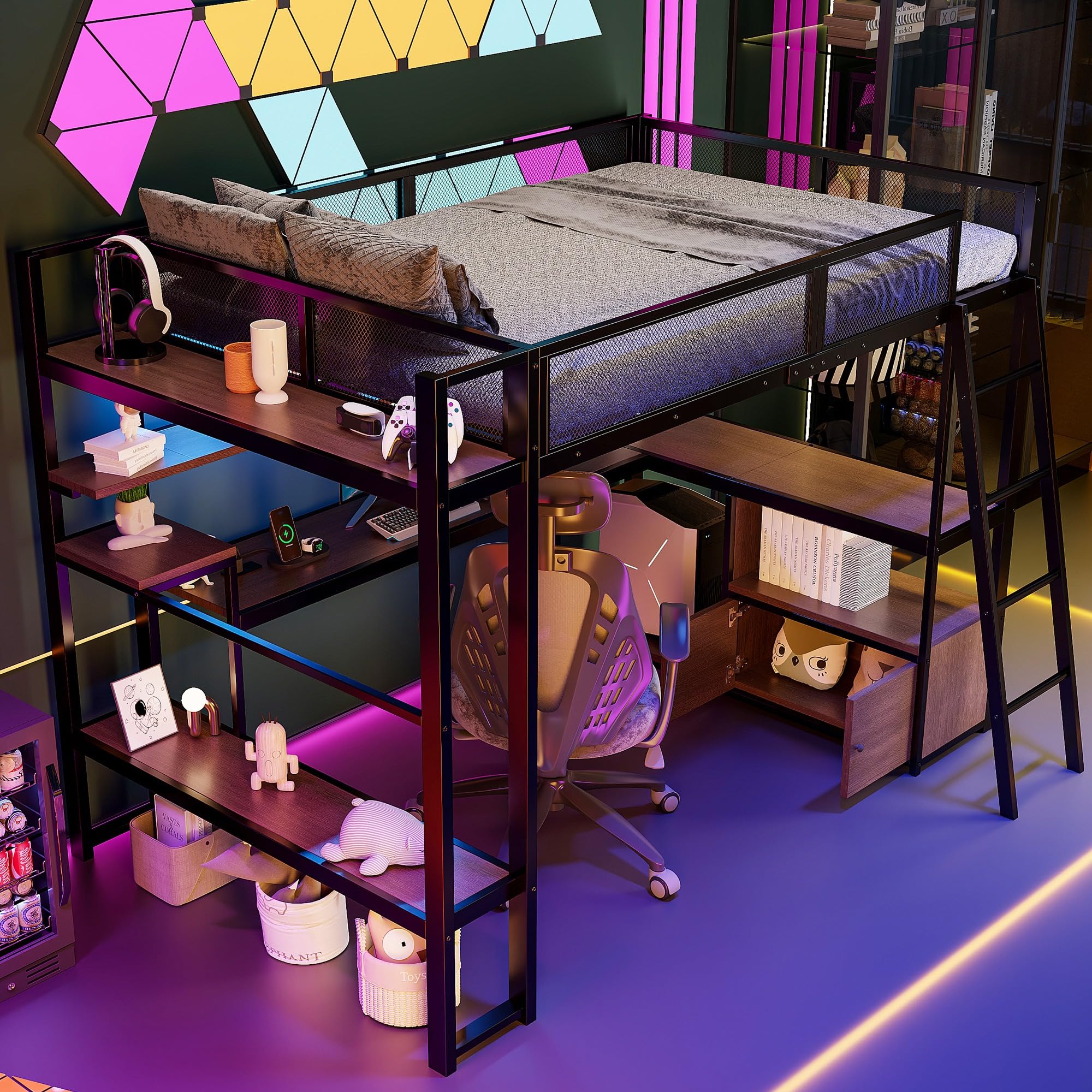 Lit mezzanine de jeu en métal, 140 x 200 cm, noir, avec bureau, éclairage LED, station de charge, espace de rangement, 232 x 144 x 169,4 cm