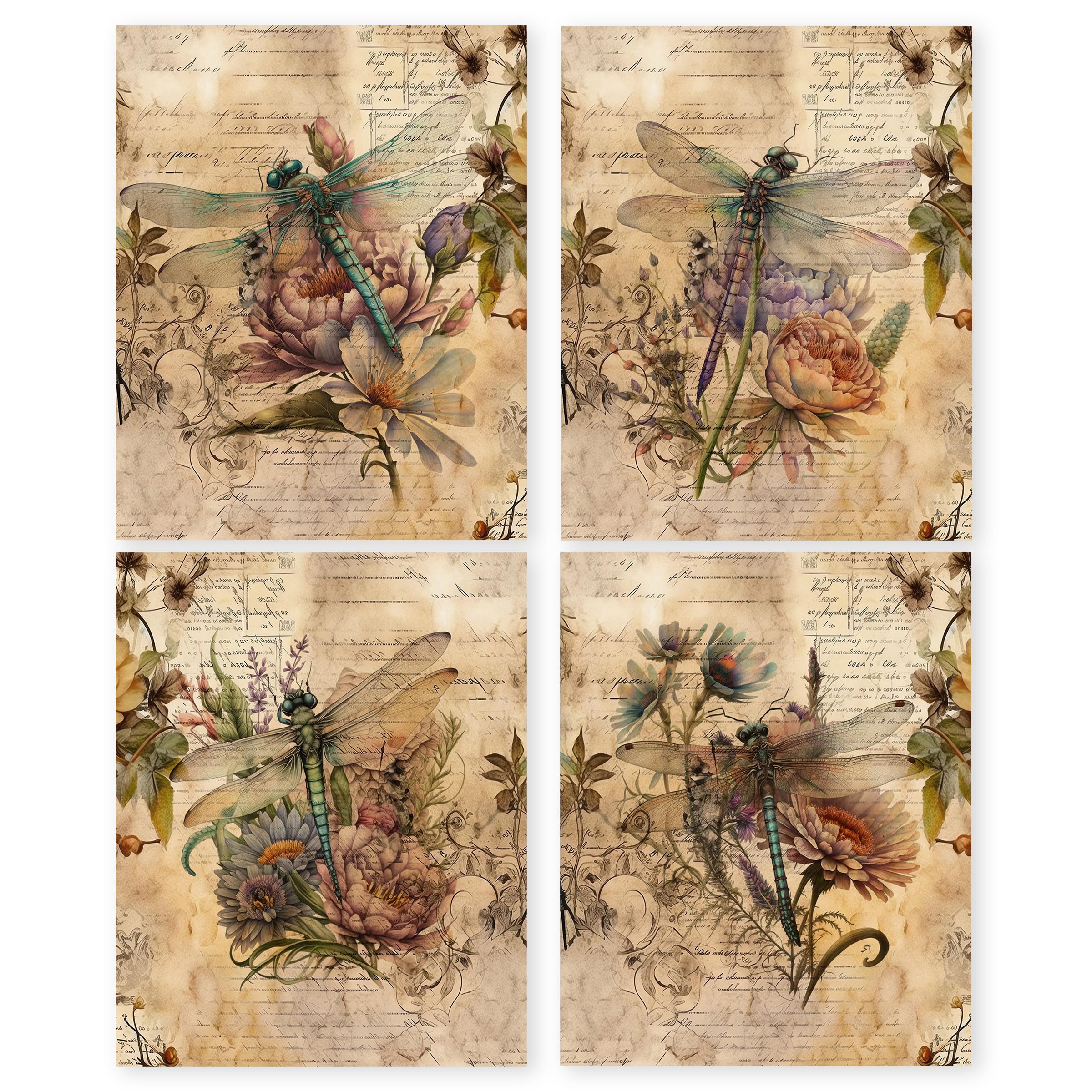 HRQKOVintage Retro Dragonfly Flower Wall Art Poster Prints Set of 4, Dragonfly Floral Pictures Artwork Printing Posters Wall Decor, Blossom Botanical Prints for Bathroom Living Room 8”x10” Unframed