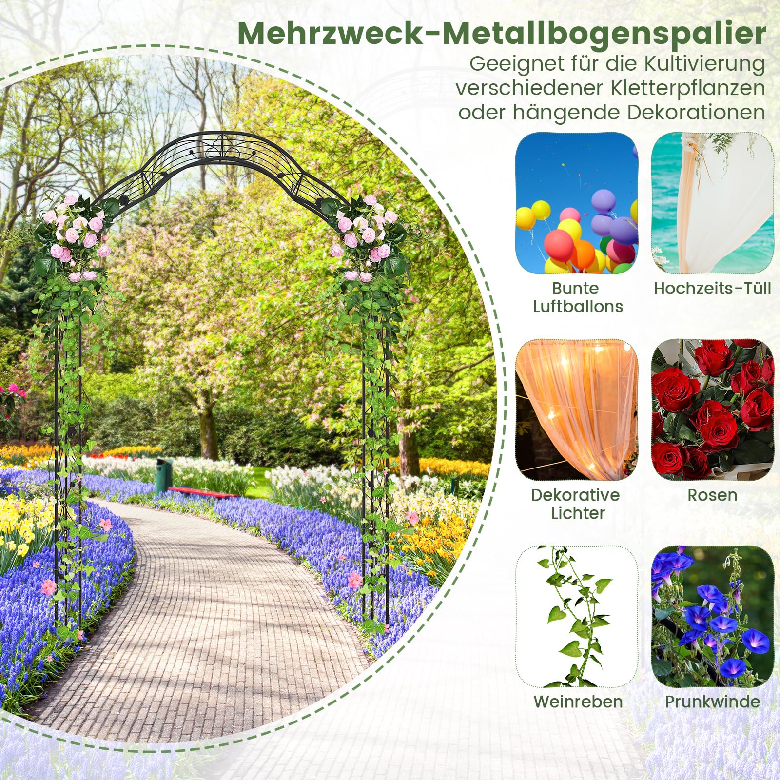 COSTWAY Rosenbogen halbrund, Gartenbogen Metall für Kletterpflanzen, 2 Halbbögen Garten, Torbogen Rosengitter Rankhilfe, Rankgitter Rosenspalier, für Veranda Hochzeit Partys, 150x40,5x251,5cm, Schwarz