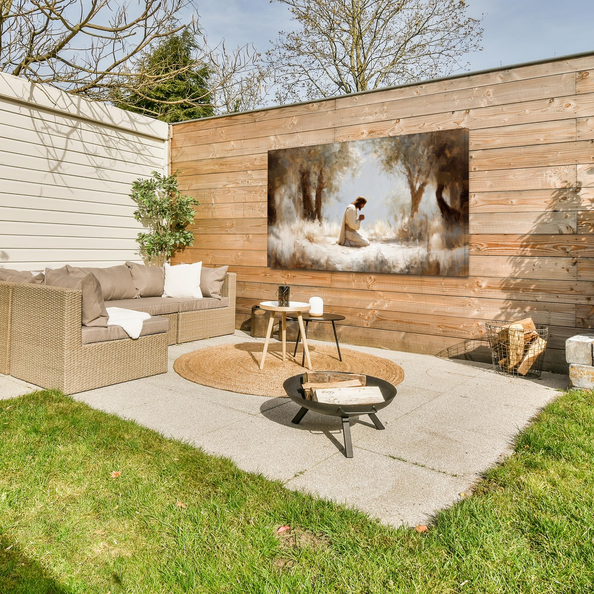 Gartenbilder 150x100 cm Wetterfeste Leinwand Outdoor Bild Terrasse Deko Balkon Wetterfest Gartenposter Foto Geschenk Draußen Jesus - Kniend - Waldlandschaft - Betend