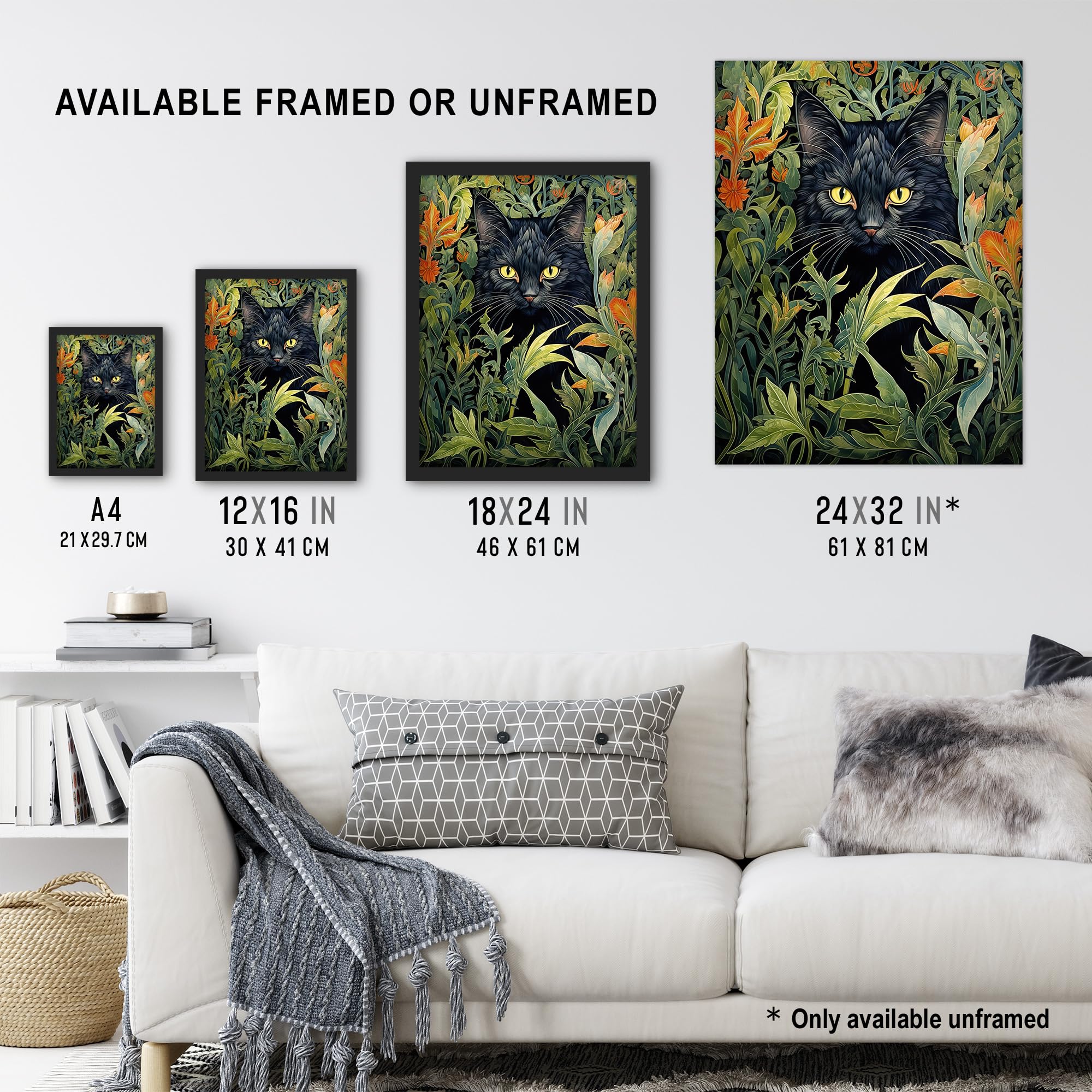 Artery8 Black Cat Hiding In Flower Field Modern William Morris Style Painting Orange Green Spring Bloom Animal Portrait Artwork Framed Wall Art Print A4 - Image 3