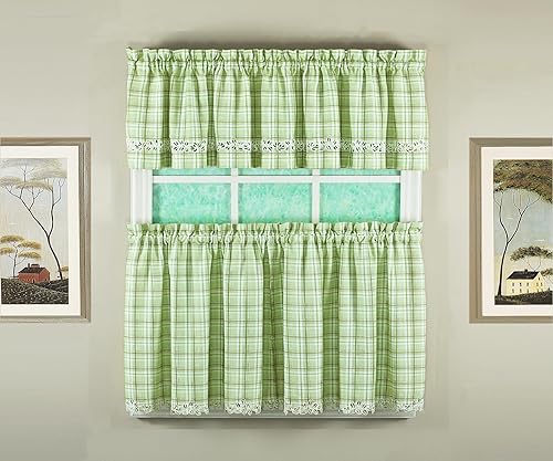 Today's Curtain, Dover Plaid Cutwork Embroidery Tier 36", Green, 60" W x 36" L,