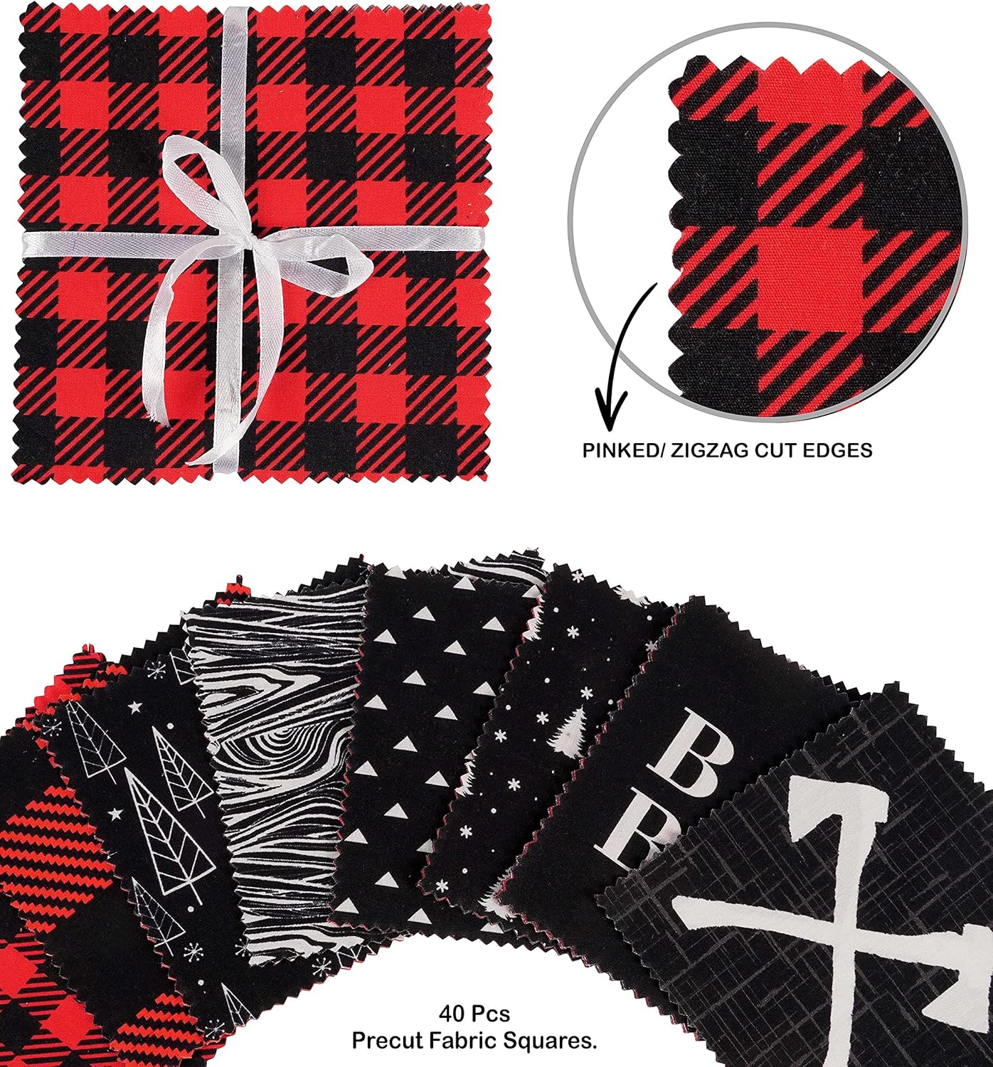 Soimoi Precut 10-inch Lumberjack Theme Prints Cotton Fabric Bundle Quilting Squares Charm Pack DIY Patchwork Sewing Craft- Red & Black