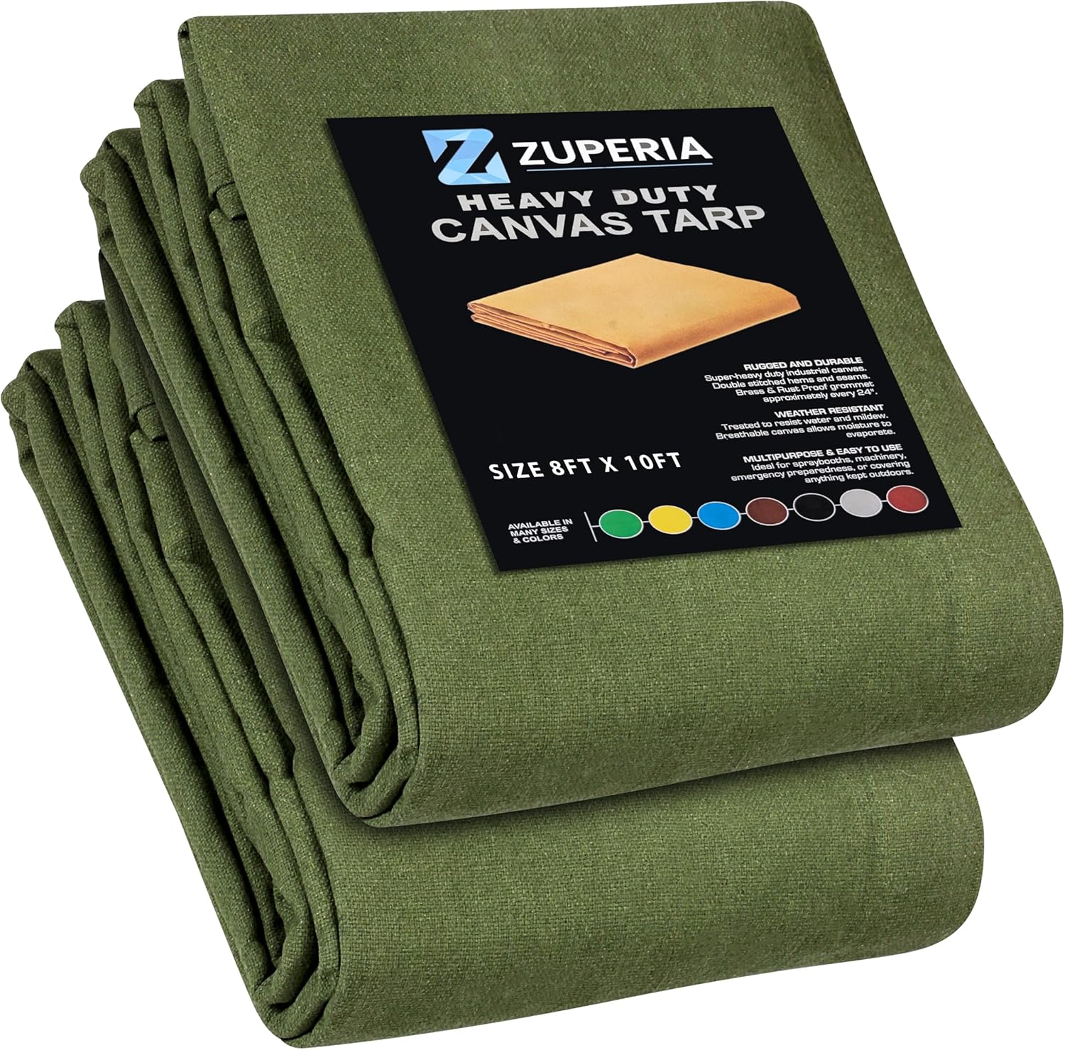 Zuperia Heavy Duty Canvas Tarp (8' x 10' ft - Pack of 2) with Rustproof Grommets, UV Resistant & Tear Resistant Multipurpose Tarpaulin Cover for Outdoor, Industrial & Commercial Use (Olive Green)