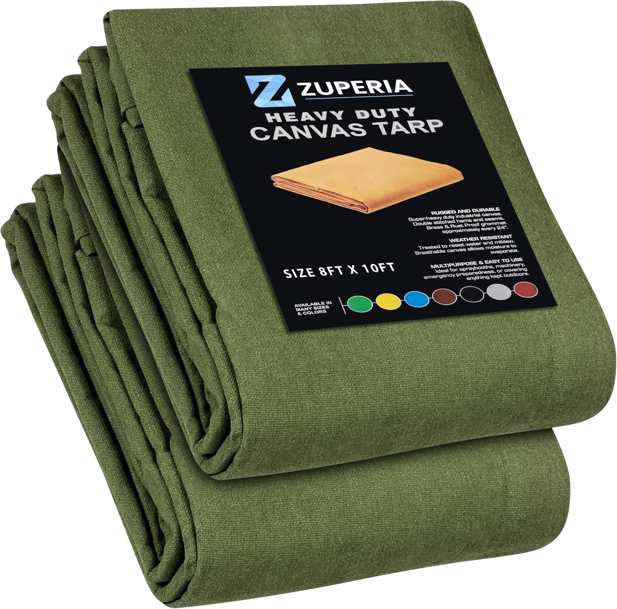 Zuperia Heavy Duty Canvas Tarp (8' x 10' ft - Pack of 2) with Rustproof Grommets, UV Resistant & Tear Resistant Multipurpose Tarpaulin Cover for Outdoor, Industrial & Commercial Use (Olive Green)