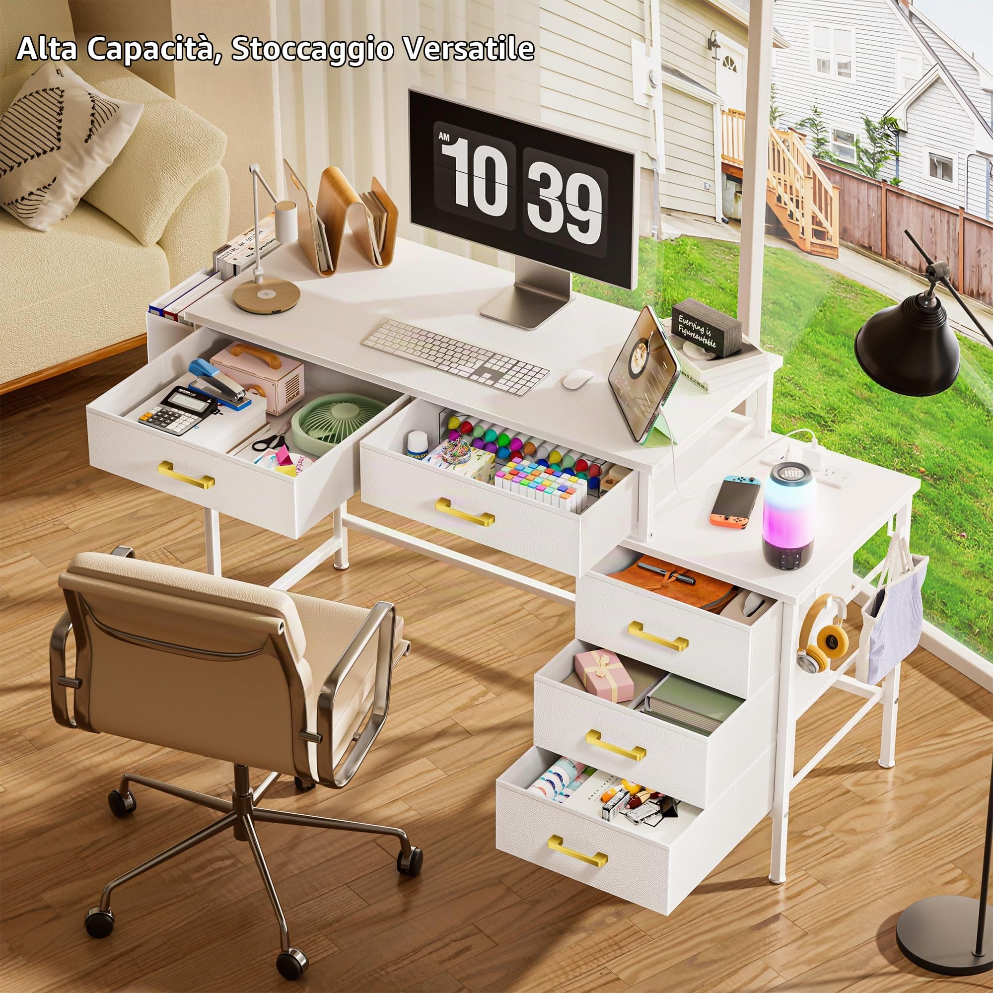 Scrivania per computer, Scrivania Ufficio con 5 Tessuto Cassetti, scrivania con Presa di Corrente, 2 Prese CA, 2 Porte USB, per Tastiera Ufficio Casa, Bianco 130 x45x78cm