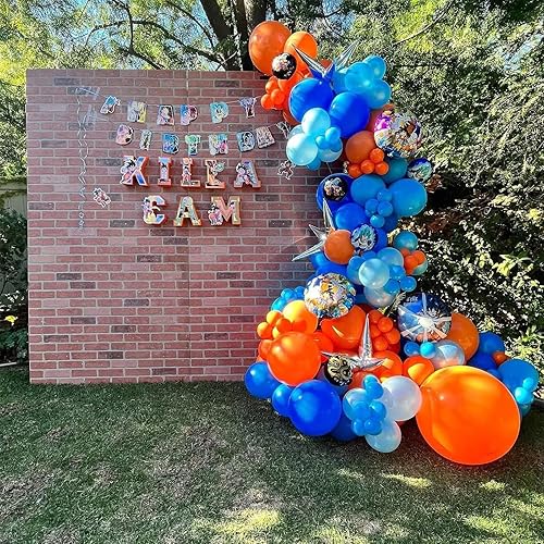 Miniatura 3 de Kit de arco de globos azules y naranjas, 100 piezas de guirnalda de globos azules y naranjas, globos de látex naranja y azul de diferentes tamaños