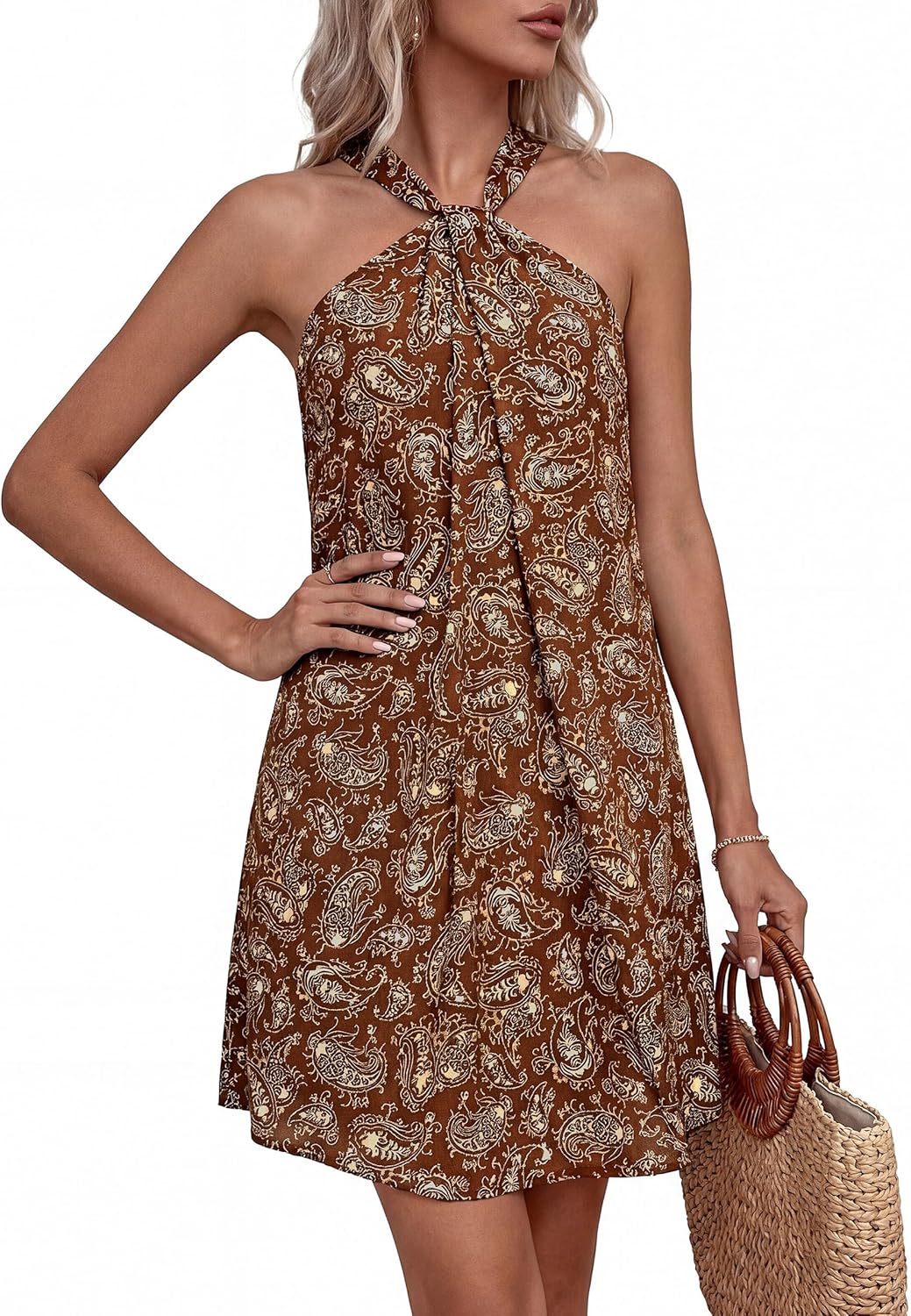 PRETTYGARDEN Womens 2026 Summer Halter Mini Dress Sleeveless Boho Floral Short Sundress Casual Flowy Beach Dresses - Image 4