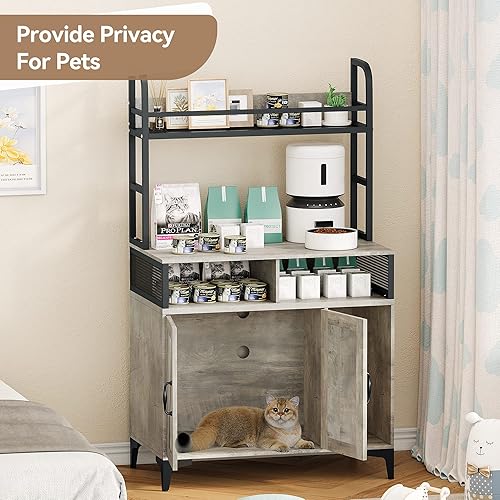 Miniatura 4 de Fulvari Caja de arena oculta para gatos con almacenamiento de estantes, gran caja de arena de madera para gatos, muebles ocultos con almacenamiento,