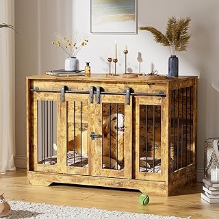 MSFE Hundebox Möbel,Holz-Hundehütte mit Doppelschiebetüren&Seitliches Türschloss,hundekäfig Indoor für Hunde Kleiner, Mittlerer Rassen,Hundehütte aus Mesh,Beistelltisch Hundehaus,105 * 58 * 75.4cm product image