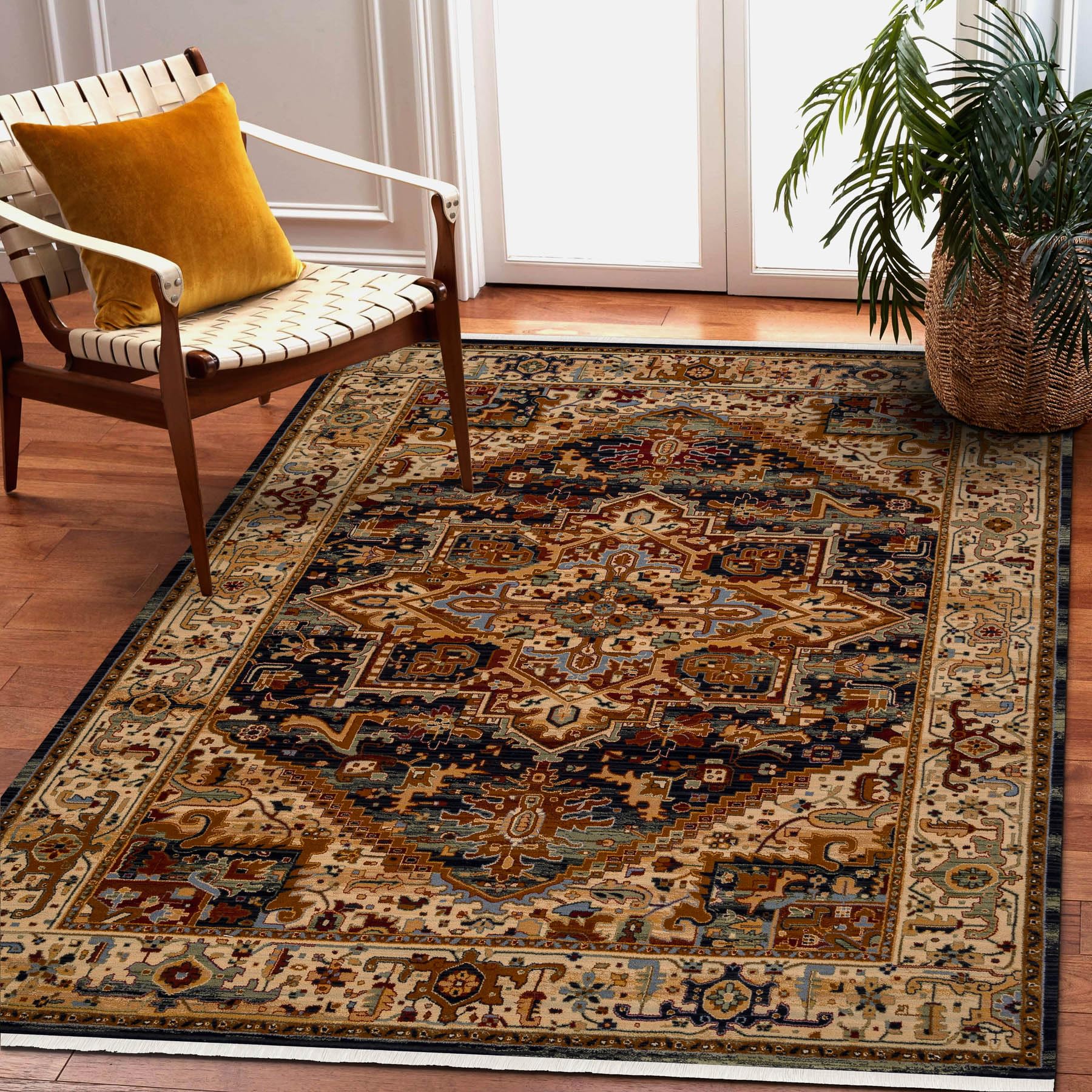 Dywan wełniany KESHAN frędzle, ornament, rama orientalna 2886/53511 beżowy/ciemnoniebieski 300 x 380 cm beżowy