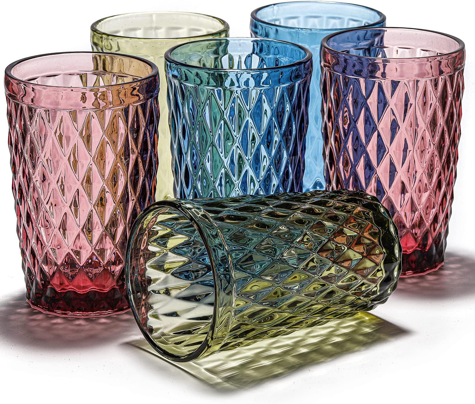 ZOOFOX Set of 6 Colored Drinking Glasses, 12oz Embossed Tumblers with Heavy Base, BPA-Free, Vintage Glassware Set for Wedding or Parties
