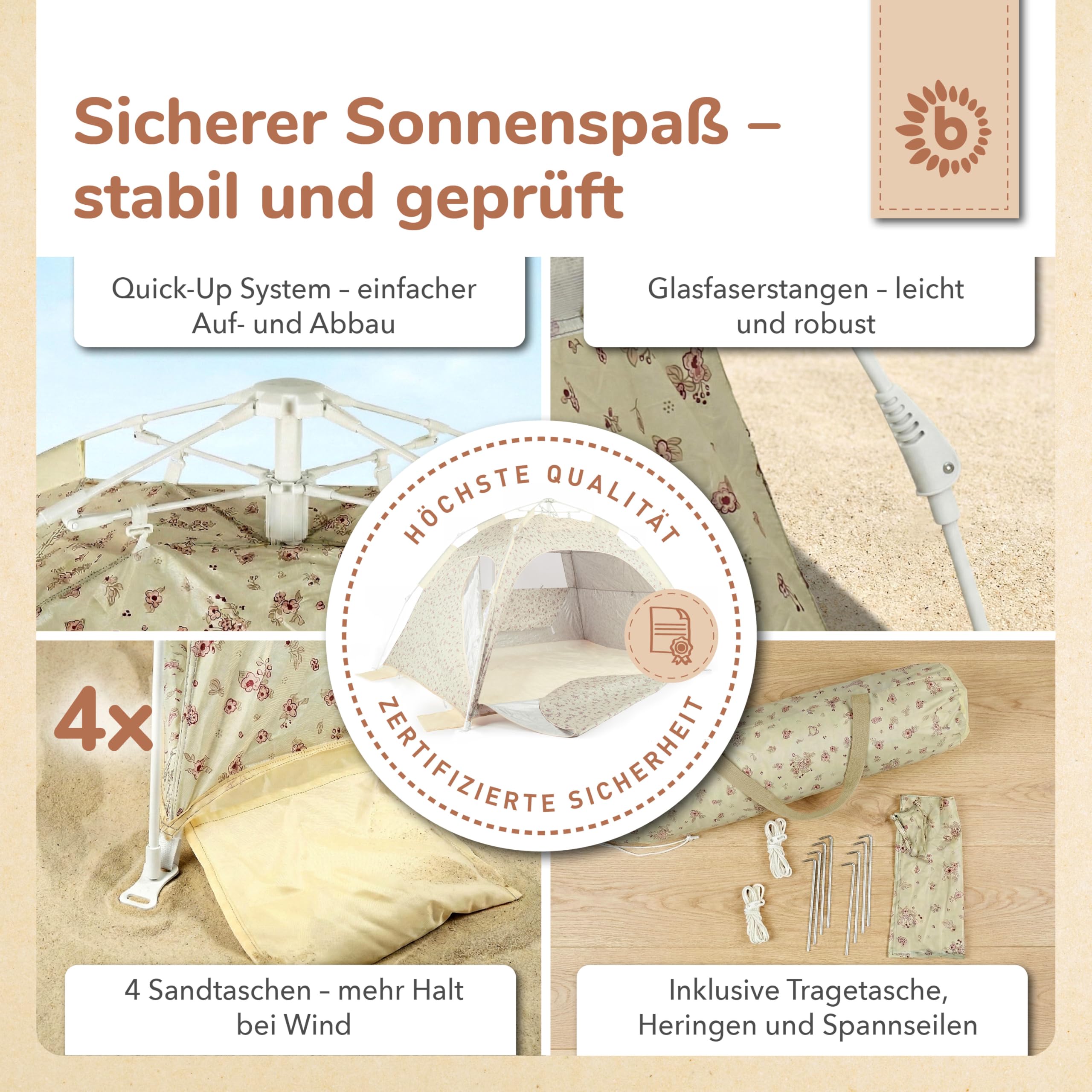Bieco Strandmuschel Pop Up XXL – Quick-Up Strandzelt Schnellaufbau mit UV Schutz 80+ – Sonnenschutz & für Baby, Kinder & Familie – Automatik Zelt 3–4 Personen – Vintage Flowers