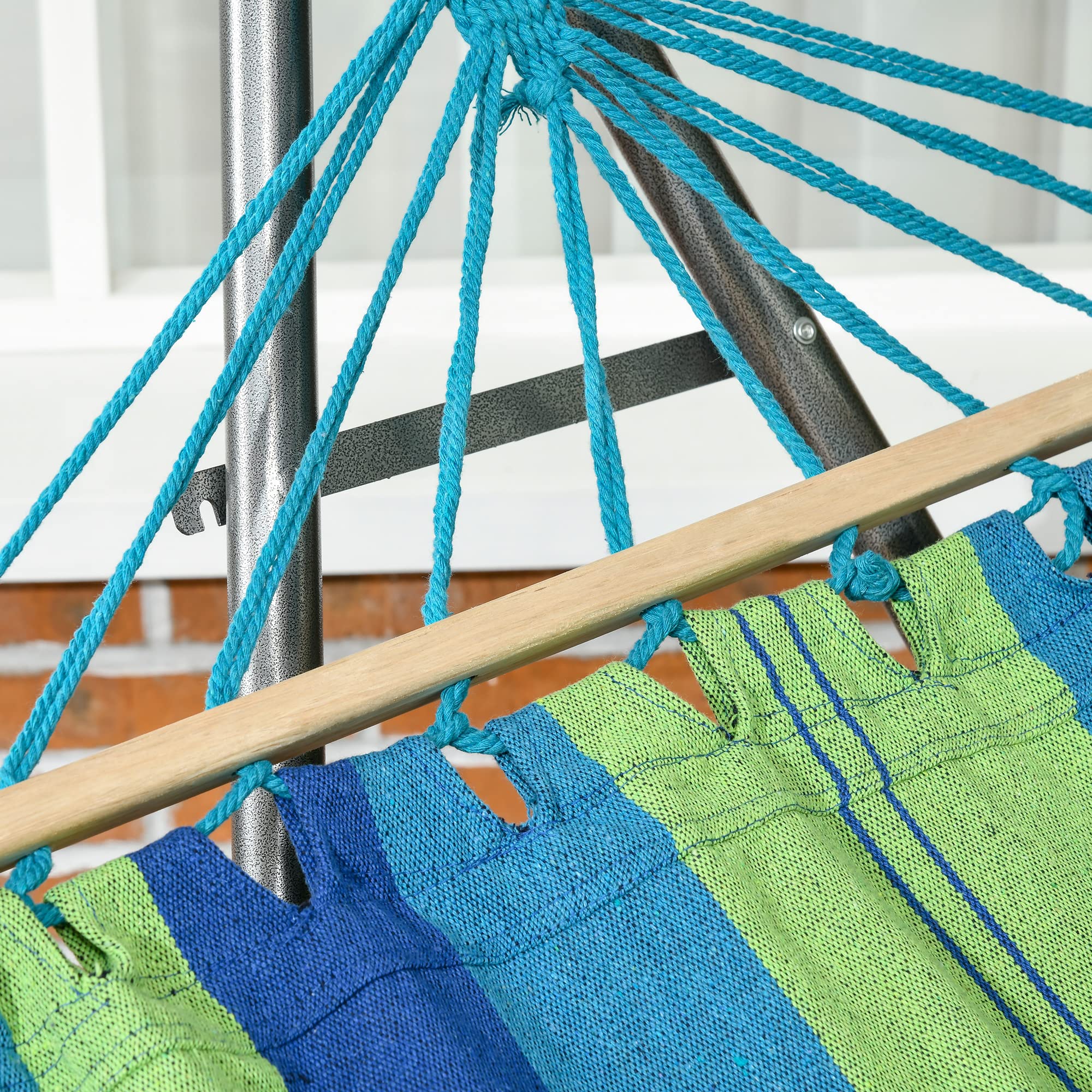 Outsunny Hamaca con Soporte Plegable 2 en 1, Tendedero con Barra, Estructura de Acero, Hamaca de Camping Portátil de Algodón, Carga 120 kg, para Jardín, Patio, Terraza, 270x100x94 cm, Azul y Verde