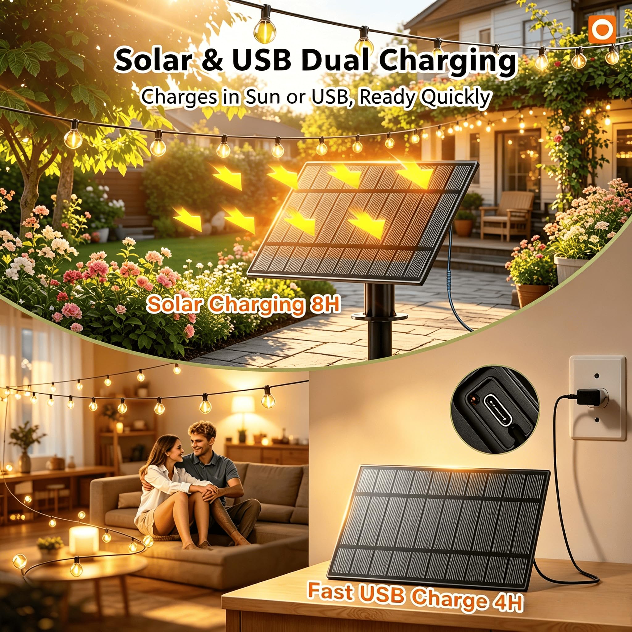 GPATIO Solar Lichterkette Outdoor Außen, 15M 20+1 Bulbs mit USB-Notladung | IP65/IP44 wasserdicht, bruchsichere Birnen, 3 Lichtmodi, 7h Auto-Aus, Dämmerungsschalter, 10–12h Leuchtdauer