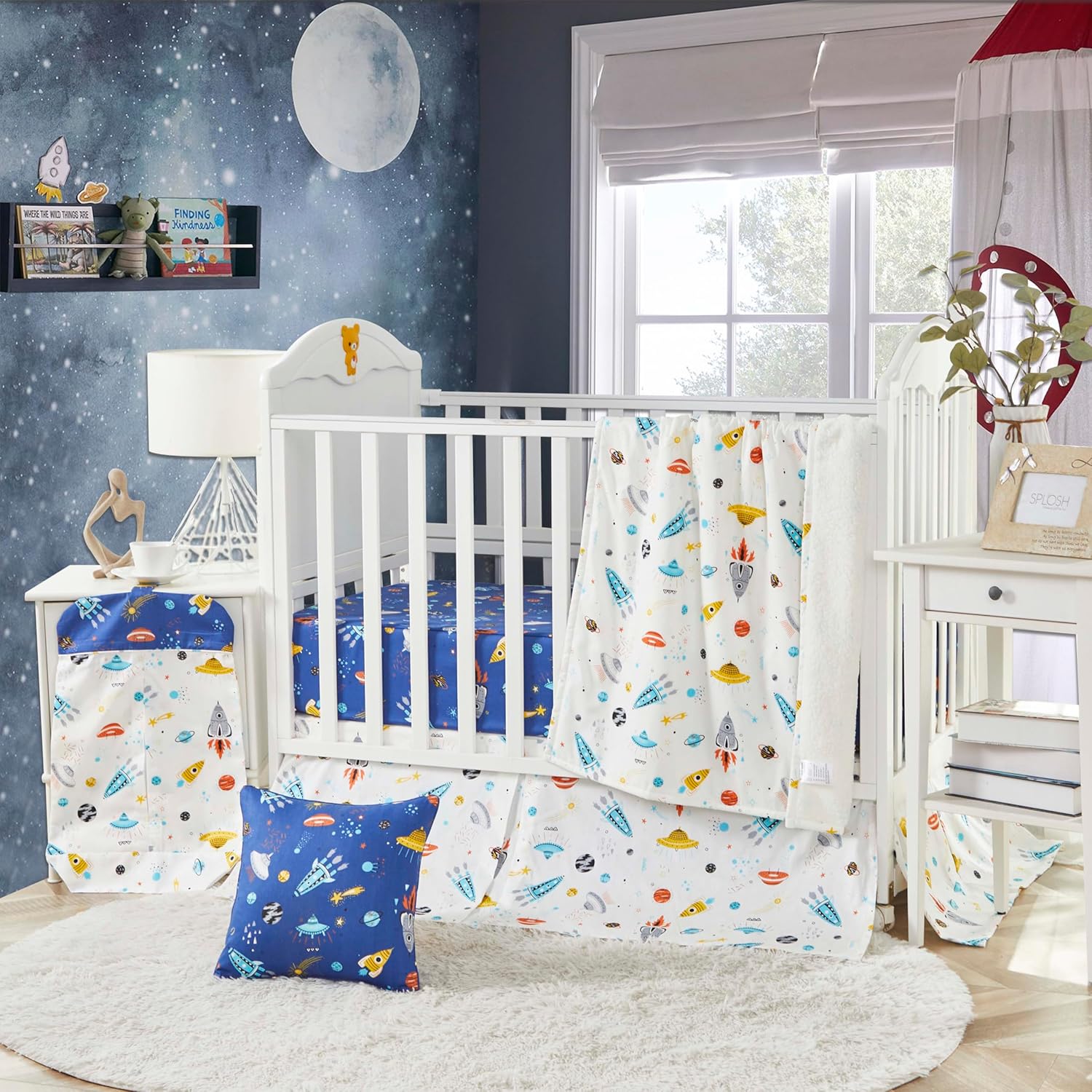 Brandream Crib Bedding Set for Boys 100% Cotton Outer Space Rocket Spaceship Astronaut Baby Nursery Bedding Soft Crib Blanket, Crib Sheet, Crib Bed Skirt 3 Pieces