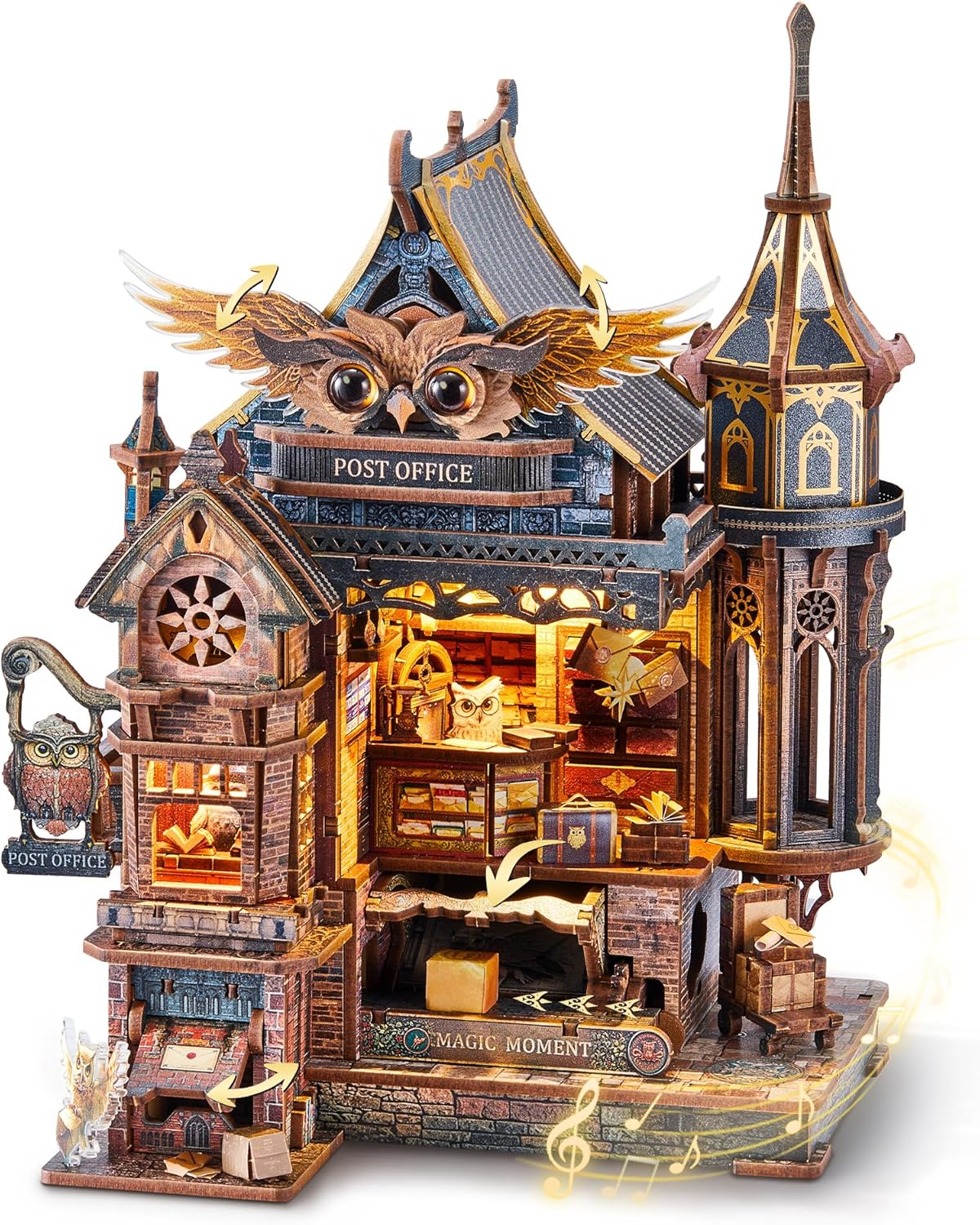 LED 3D Wood Puzzle Owl Post Office, Dynamic Model with Mechanical Gears, DIY Miniature Kit with Music and LED Lights, Home Décor Gift for Adults and Teens