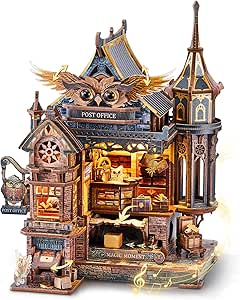 FUNPOLA LED 3D Wood Puzzle Owl Post Office, Dynamic Model with Mechanical Gears, DIY Miniature Kit with Music and LED Lights, Home Décor Gift for Adults and Teens