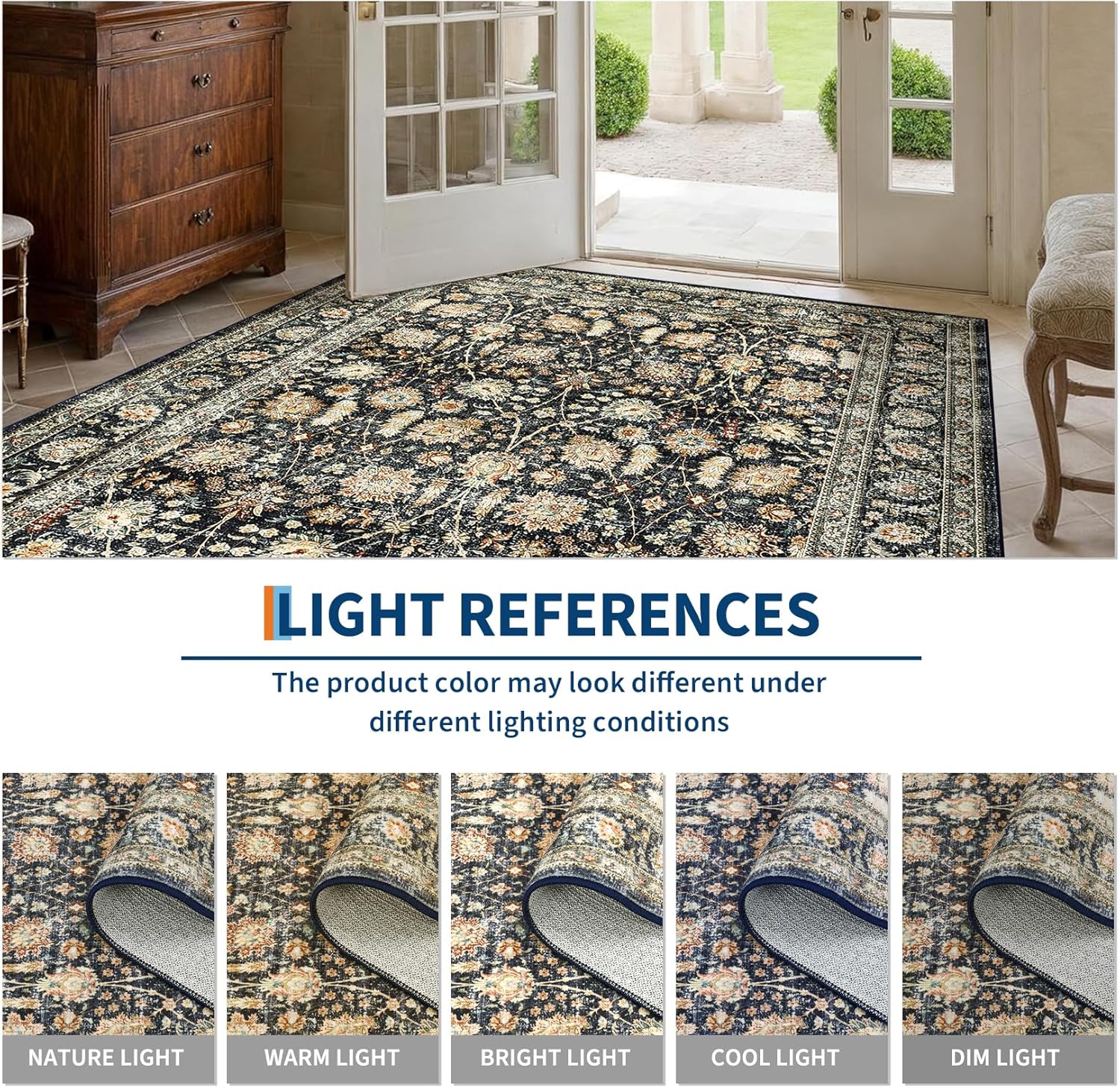 Garvee 6x9 Washable Rugs for Living Room - Stain Resistant, Non-Slip, Pastel Oriental Rugs for Bedroom, Dining Room, Kitchen. Blue