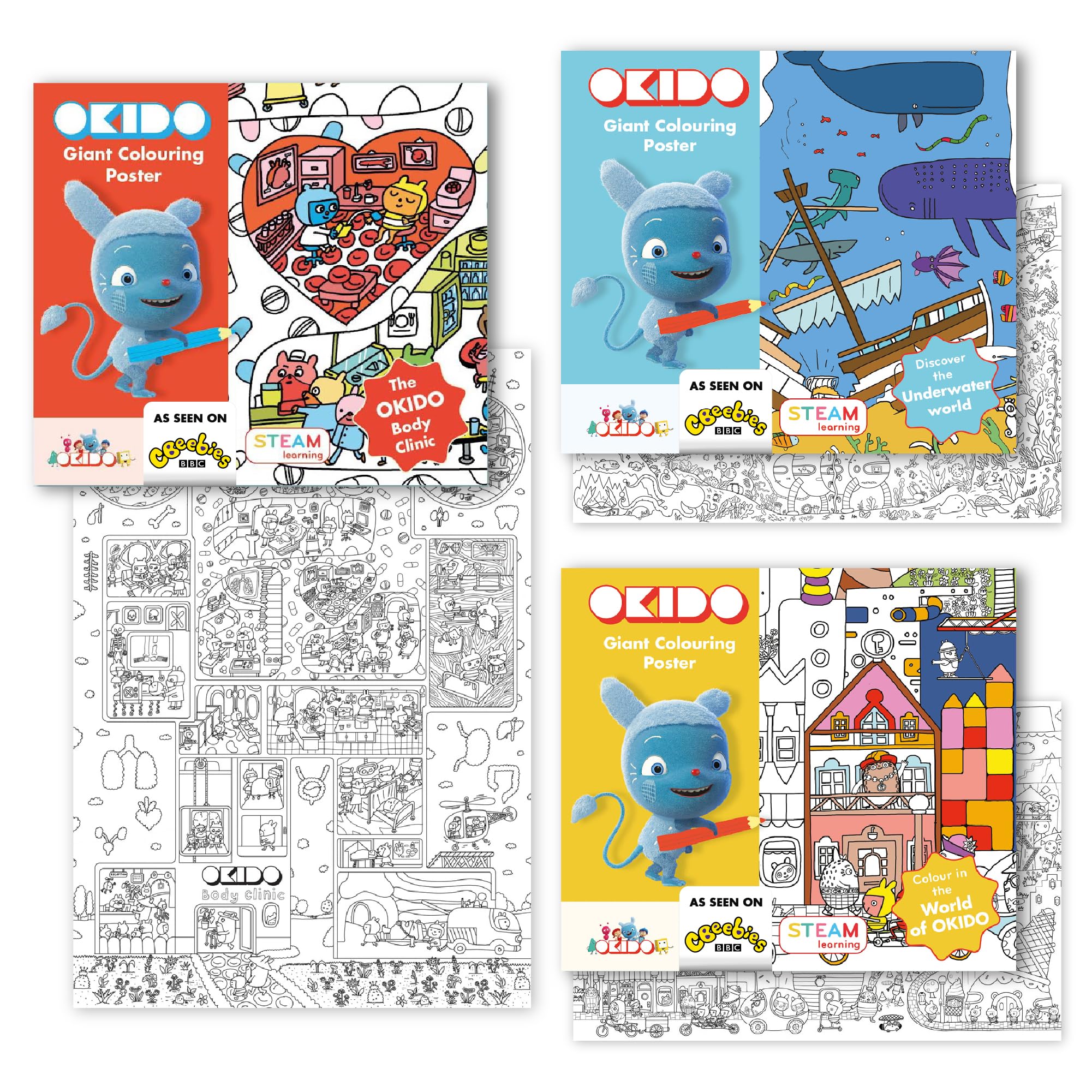 Messy goes to OKIDO - Colouring Sheets for Kids, Body Clinic, Underwater, World of OKIDO bundle -100 x 70cm Colouring Poster - for 3-7 Year Olds