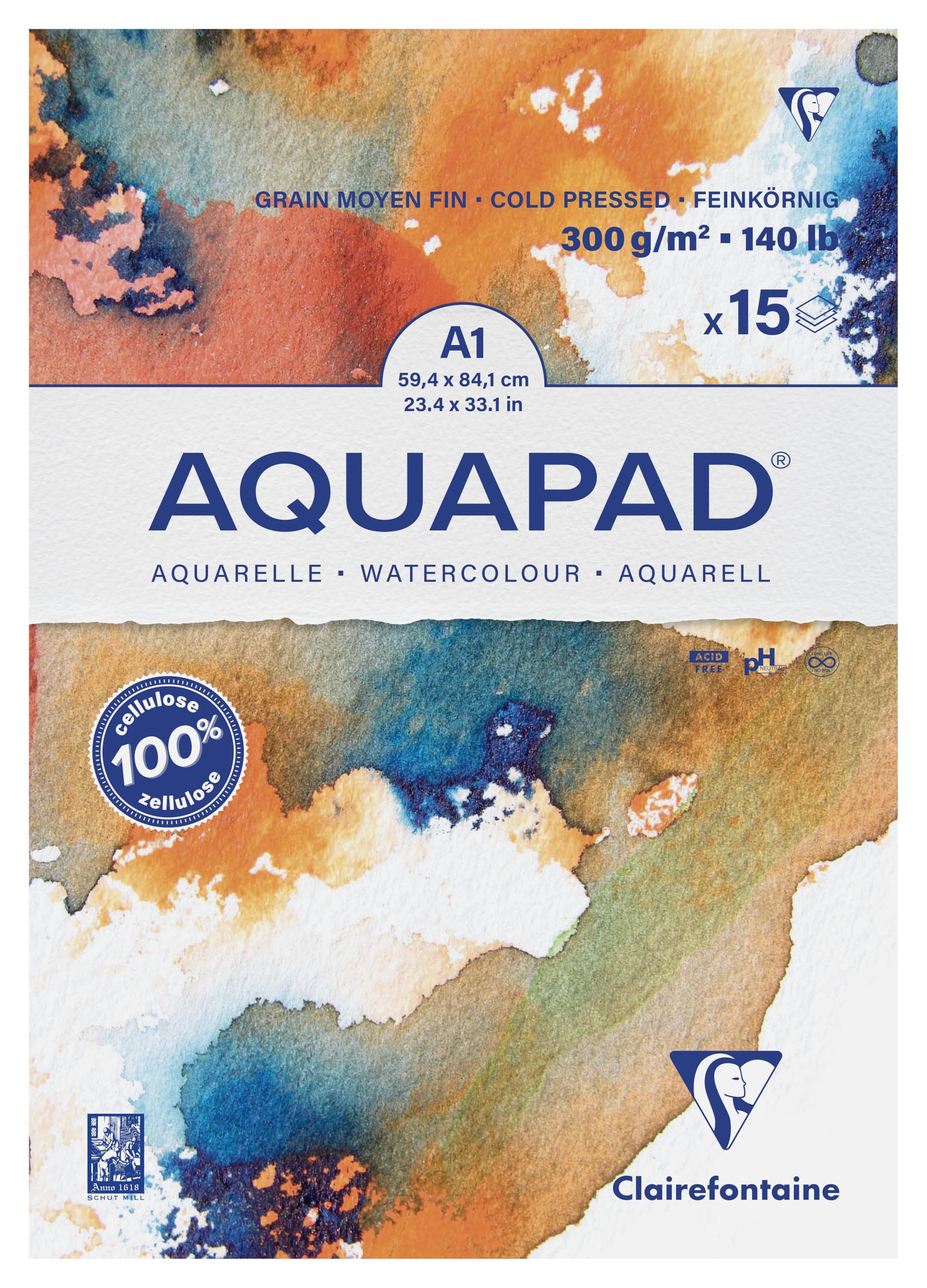 Clairefontaine 975724C - Malblock Aquarell Papier mittelfein gekörnt Goldline Aqua 15 Blatt 59,4x84 cm 300g