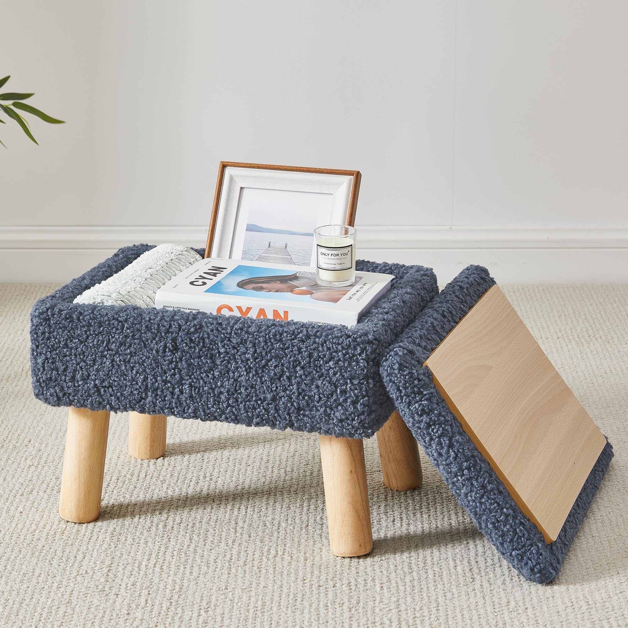Storage Ottoman, Small Foot Stool Ottoman with Storage, Teddy Velvet Foot Rest with Wood Legs, Footstool for Living Room, Bedroom, Entryway, Blue