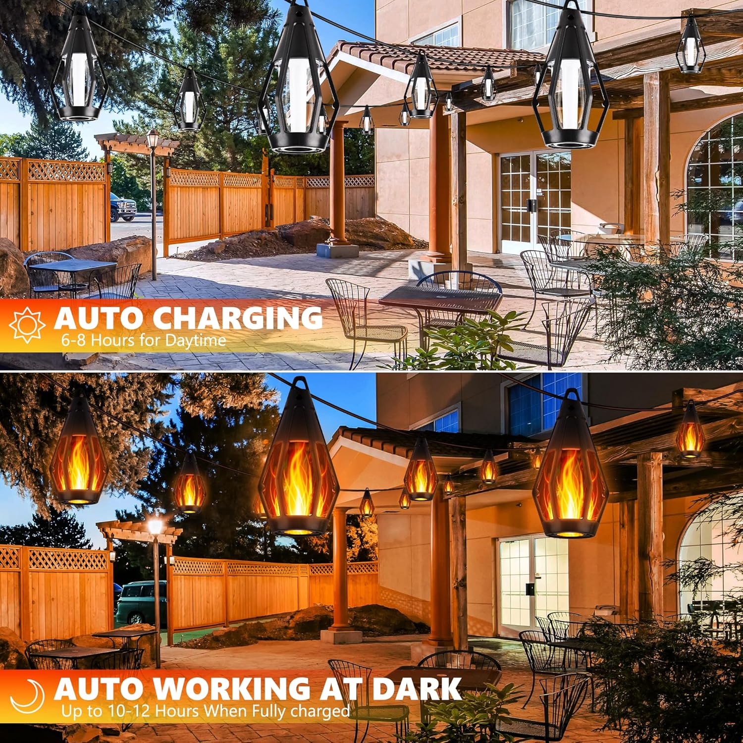 iBaycon Solar Flame Lights, 42Ft 15 LED Bulbs Flickering Flame String Light, Outdoor Waterproof Solar Flame Lights for Garden Yard Lawn Patio Decorations (Warm White)