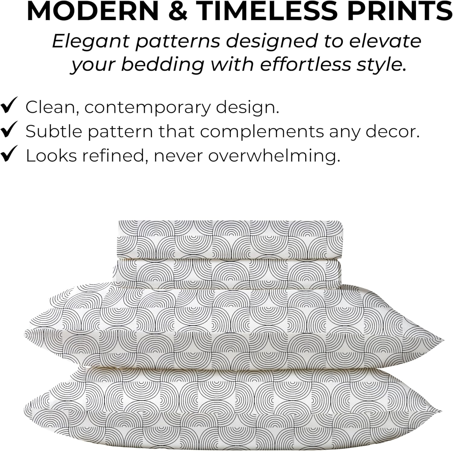 King Size Fitted Sheet with 18" Deep Pockets, Flat Sheet - Percale Weave Natural - Breathable 100% Cotton Bedding, 1 Fitted Sheet + 1 Flat Sheet + 2 Pillowcases - Semi Circle Print