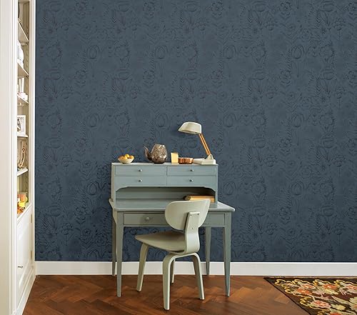 Miniatura 2 de Tempaper Metallic Blue Homestead Floral Removable Peel and Stick Wallpaper, 20.5 in X 16.5 ft, Made in The USA Dorado (vintage gold),Cinta azul