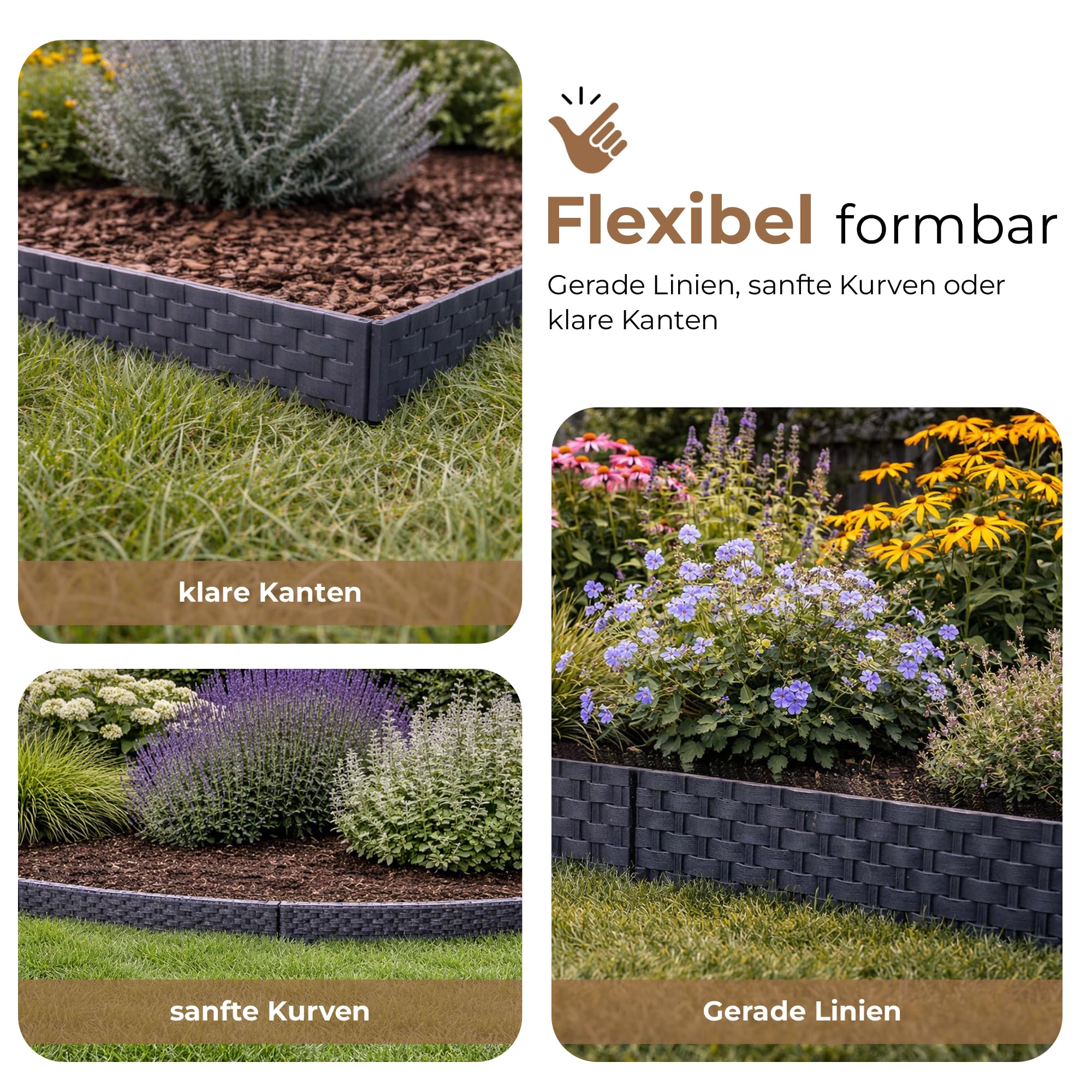BOOGARDI Beeteinfassung Rattan-Optik · 8m Rasenkante Kunststoff Anthrazit · Beetbegrenzung in 4 Farben · Palisade Beetumrandung für Beet & Garten · Rasenkanten Beetabgrenzung Blumenbeet Umrandung