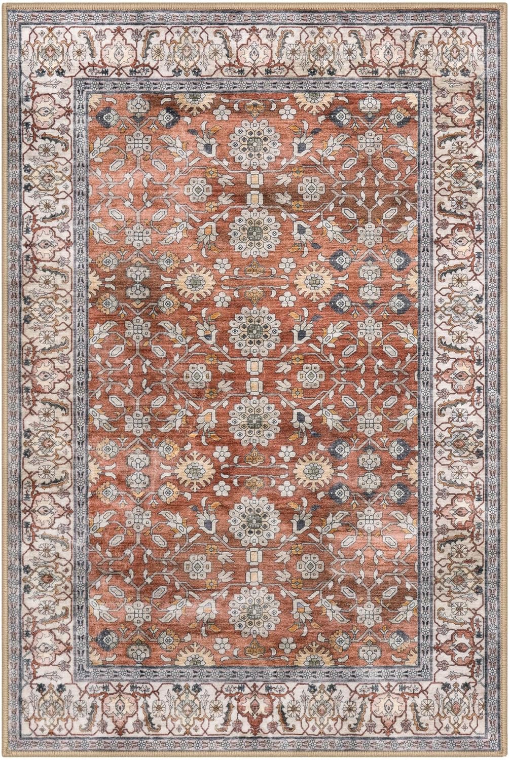 KUTA Vintage Floral Red Clay Entryway Rug 2x3, Kitchen Rugs Non-Slip Washable Throw Rug, Ultra Thin Soft Print Front Door Mat Indoor Doormat for Entrance, Bedside, or Small Spaces