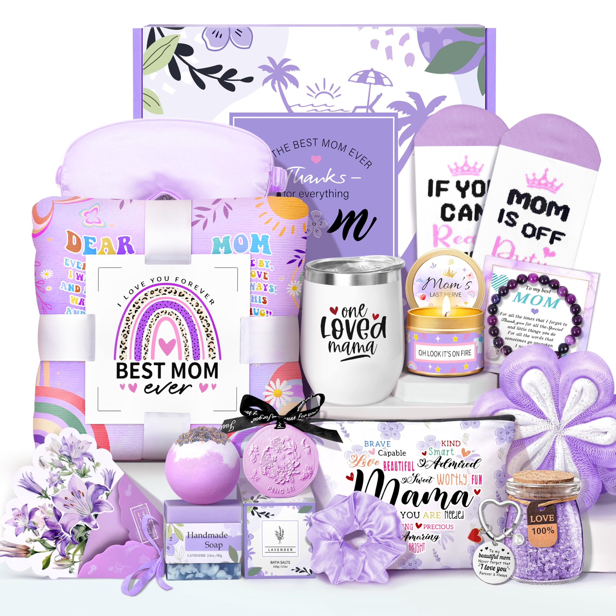HSOEIXL Mother's Day Baskets Gifts for Mom - 16 Pcs Luxury Self-Care Gift Basket for Mothers Day Mama (Purple)