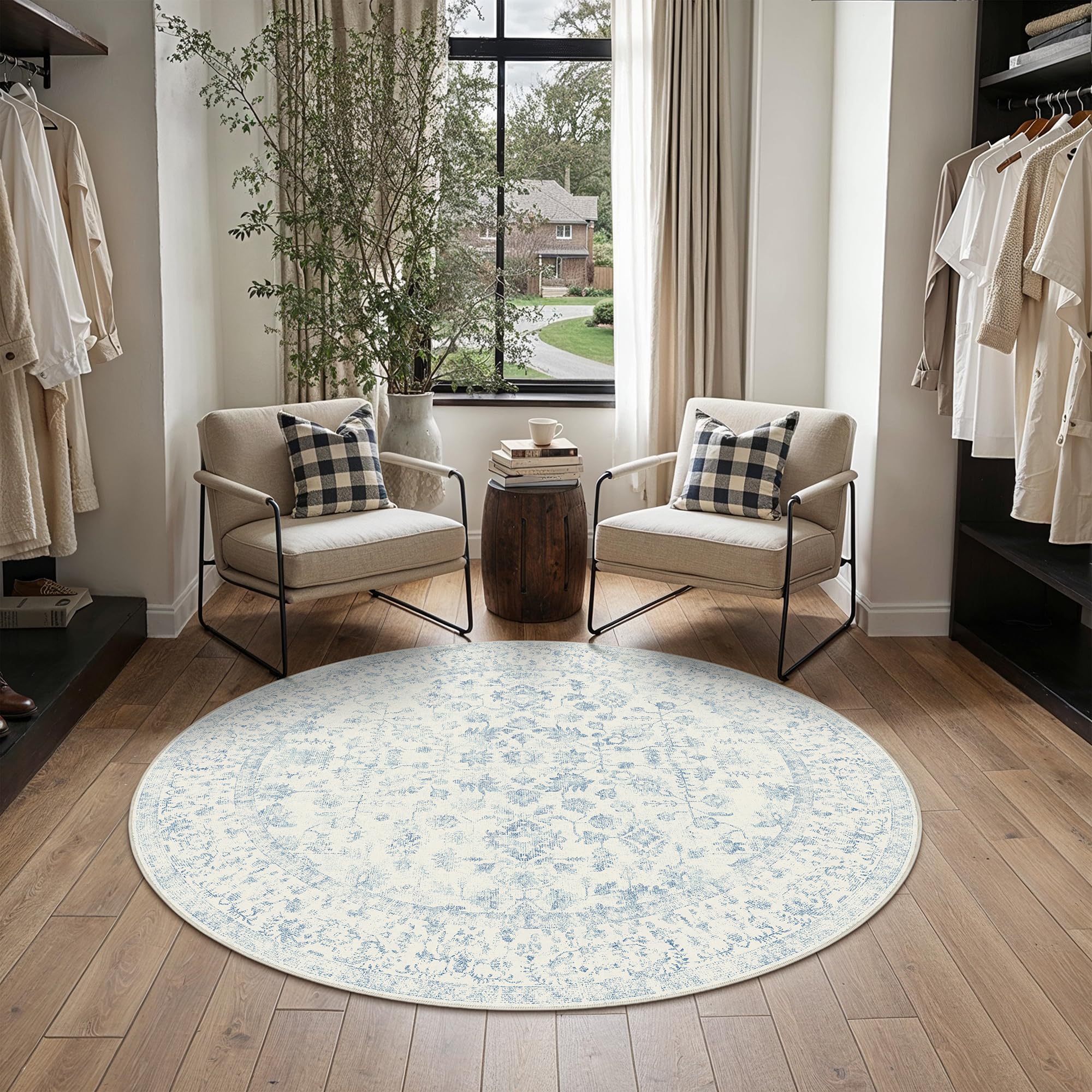 PureCozy Blue 3x3 Round Area Rug Vintage Washable