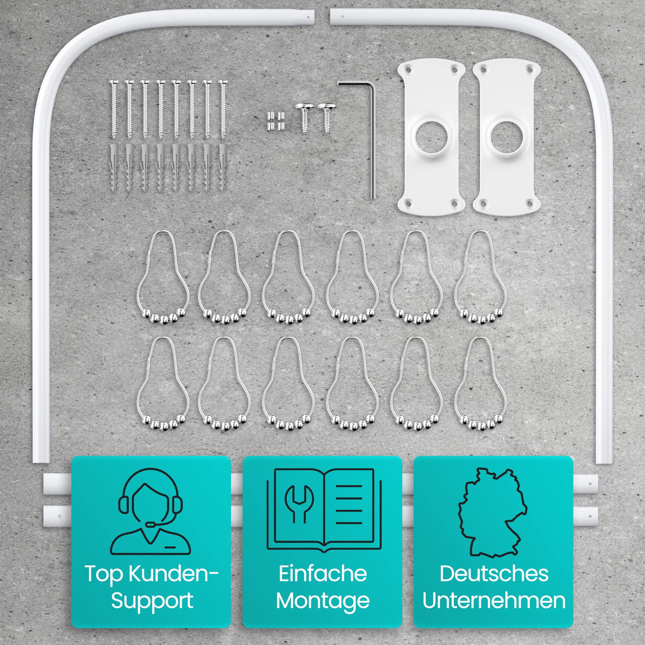 Duschvorhangstange L Form & Duschstange U Form 6 in 1 System inkl. 12 Ringe - Stabile Winkelstange Duschvorhang ohne Deckenhalterung - Duschstange Ecke Rostfrei - Duschvorhangstange Badewanne & Dusche
