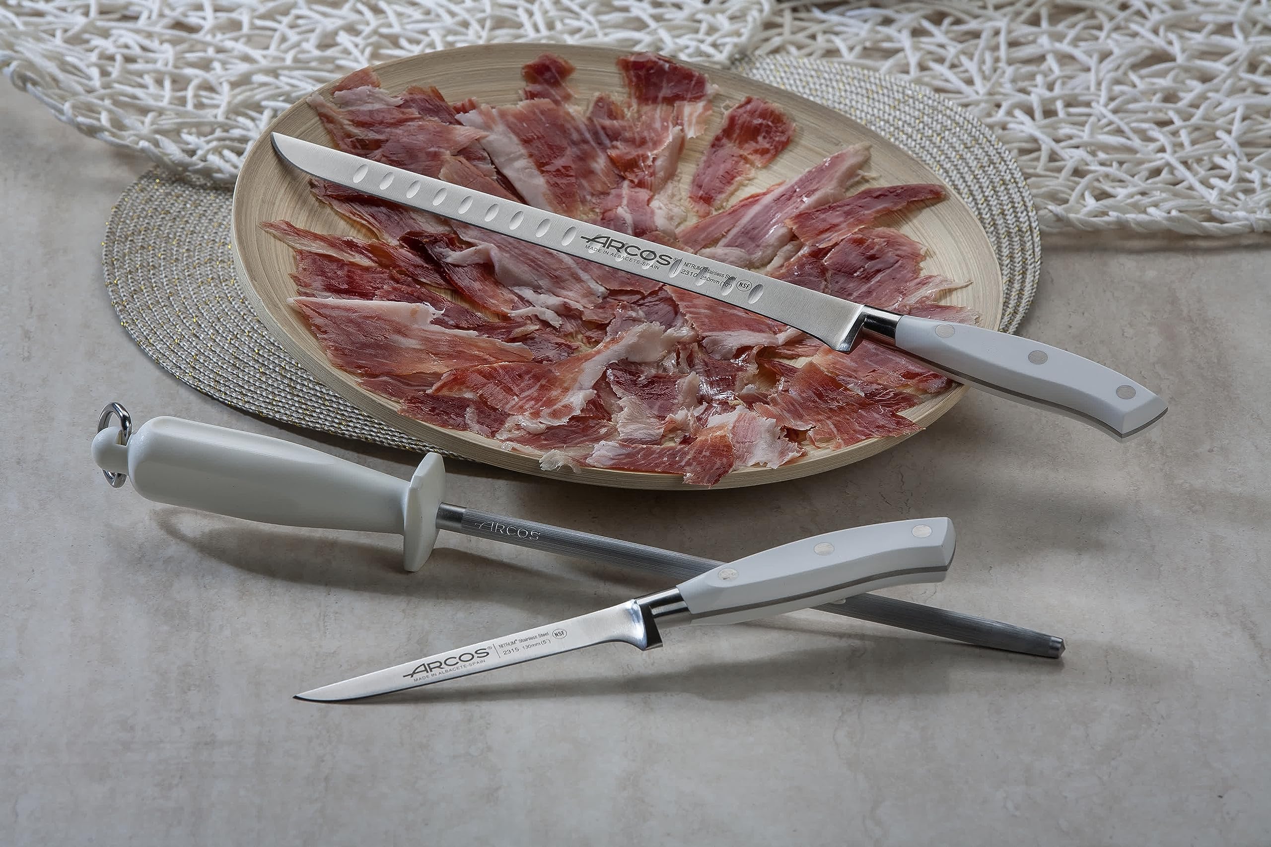 Arcos Serie Riviera Blanc - Set di Boner, Prosciutto e Sedia, Acciaio Inox, Bianco, 50x20x5 cm, 3 Unità