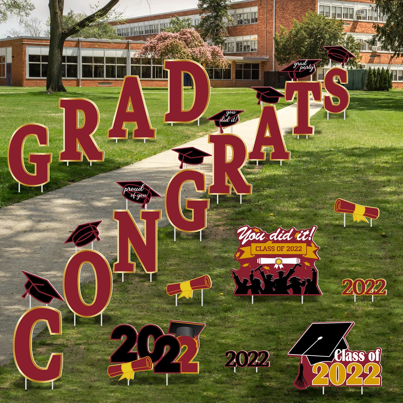 Photo 1 of Graduation Yard Signs Waterproof Congrats Grad Yard Signs Lawn Decorations Plastic 2022 Grad Party Supplies Outdoor Garden Grad Lawn Decorations 
