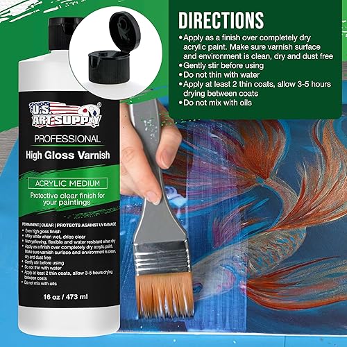 Miniatura 5 de U.S. Art Supply Barniz profesional de alto brillo, 16 onzas (pinta), medio acrílico, acabado protector permanente transparente para pinturas y obras