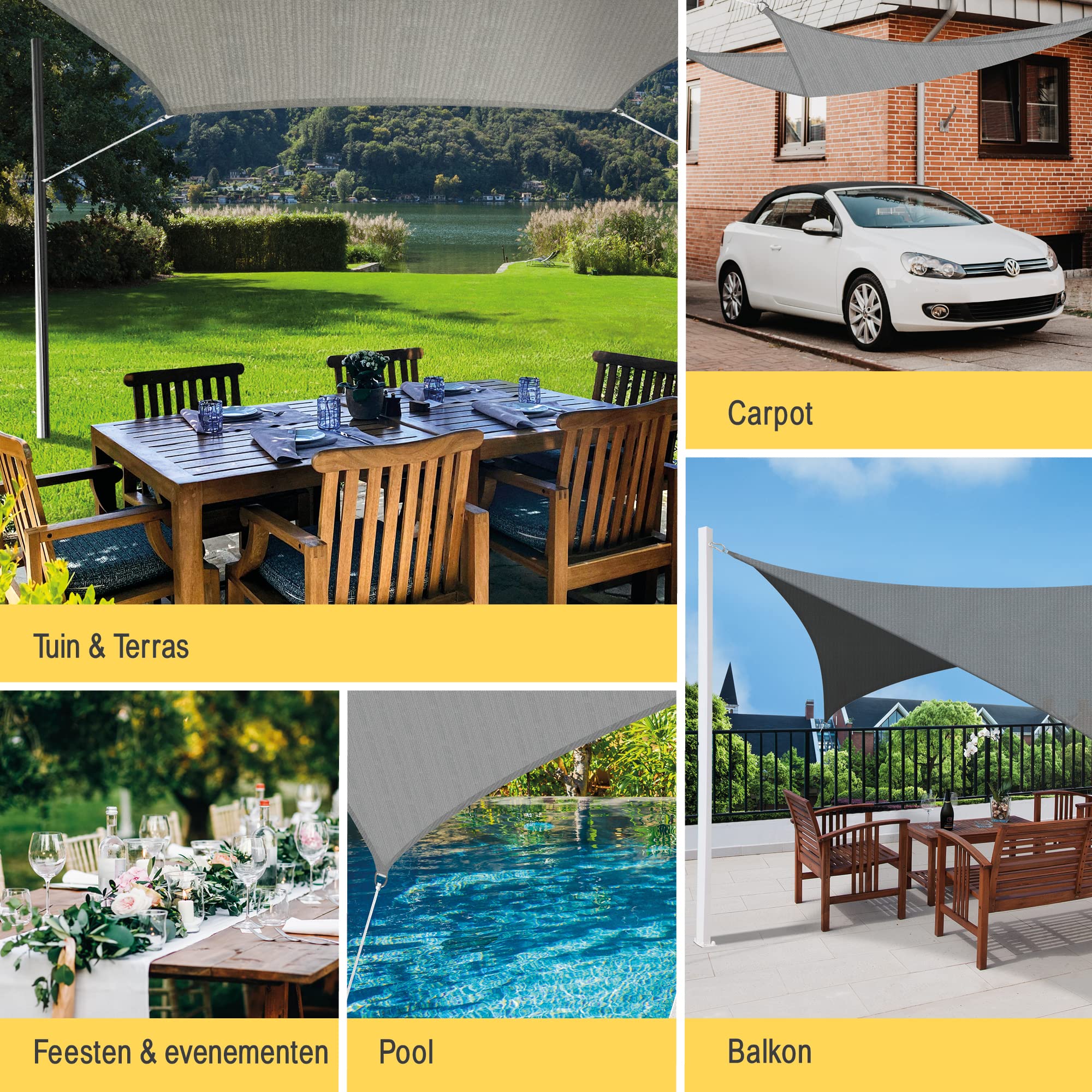 Zonnezeil, waterdicht, rechthoekig, 3 x 4 m, zonwering, terras, uv- bescherming, weerbestendig, zonder boren, 100% polyester, schaduwnet met inslagringen en touw, voor pergola, lichtgrijs