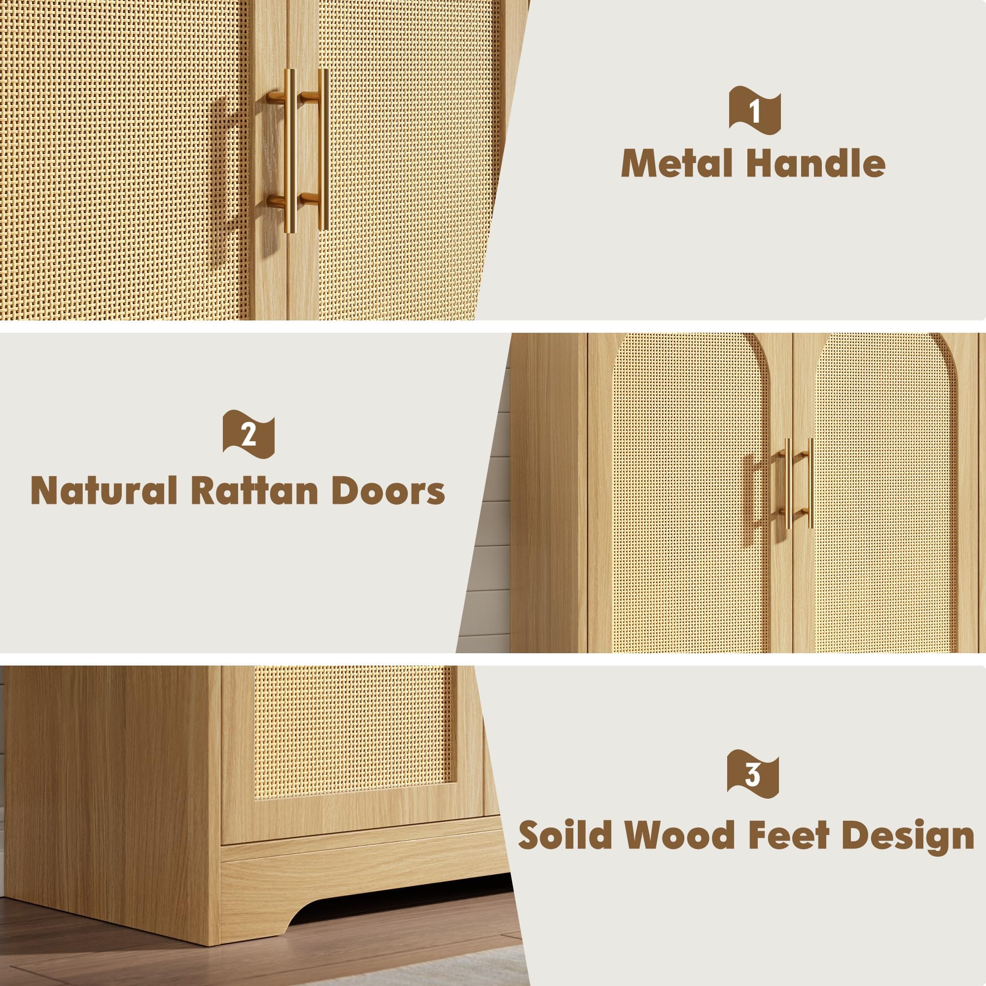 Credenza moderna in rattan, tavolo consolle in legno con maniglie in metallo, ante decorative, ripiano interno fisso, dispositivo anti-ribaltamento, contenitore per sala da pranzo, cucina