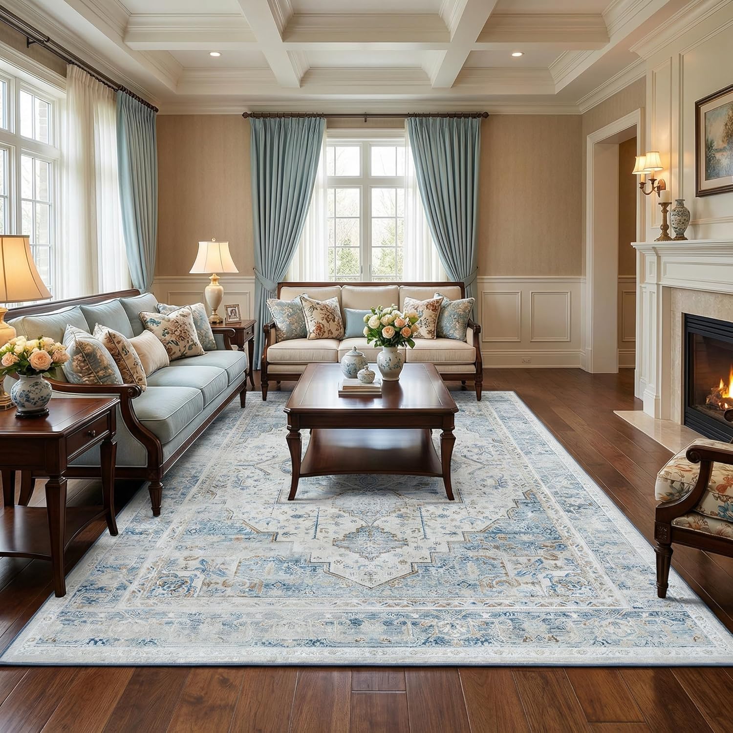 6x9 Washable Vintage Area Rug - Distressed Non-Slip Rugs Soft Large Retro Carpets for Living Room Bedroom Dining Room Office Home Decor, Blue