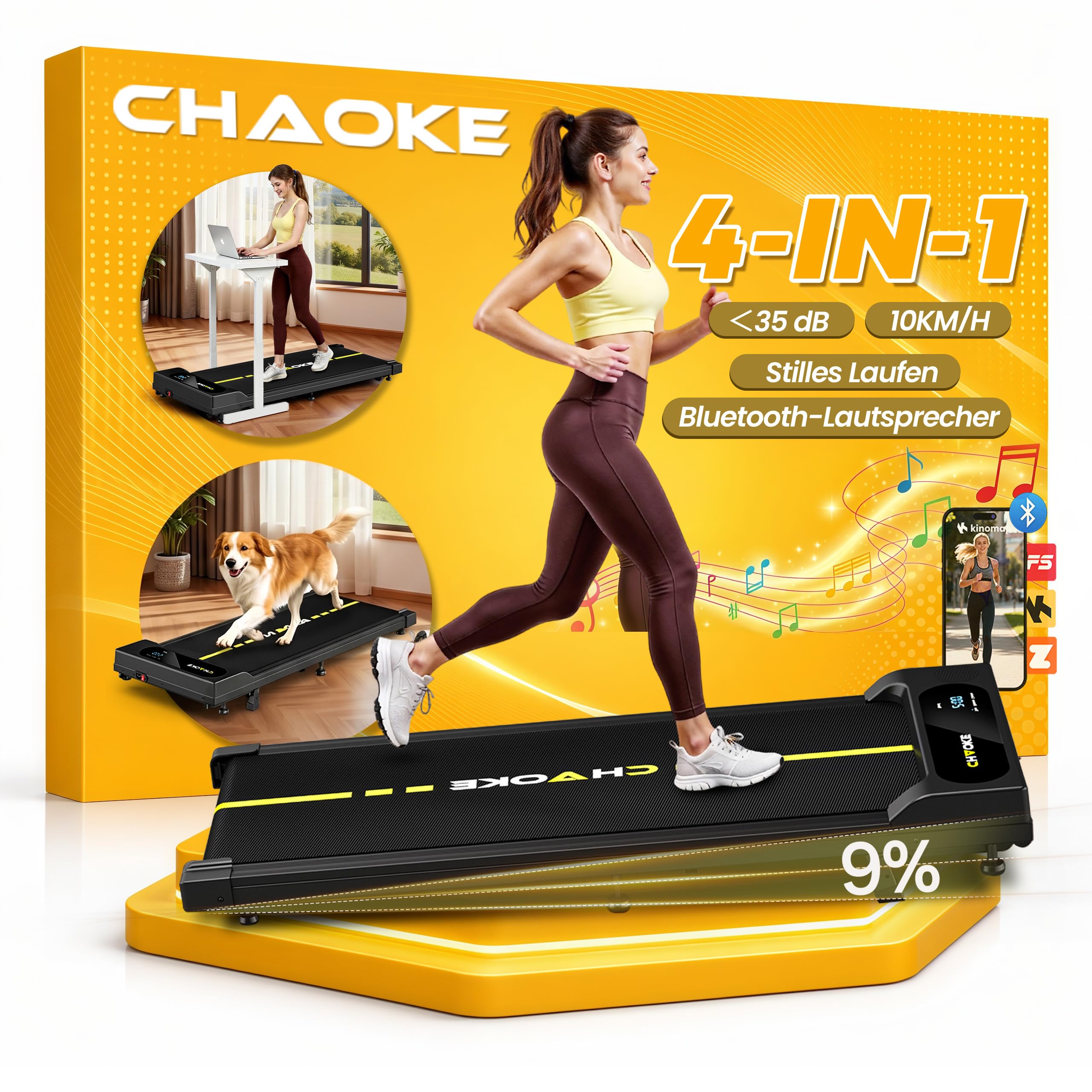 CHAOKE Walking Pad mit Steigung 9%, 1-10 km/h Laufband für Zuhause mit APP, 2.75HP Walking Pad Cardio für Home-Office mit Eingebaute Lautsprecher, LED-Anzeige, Leise Schreibtisch Laufband