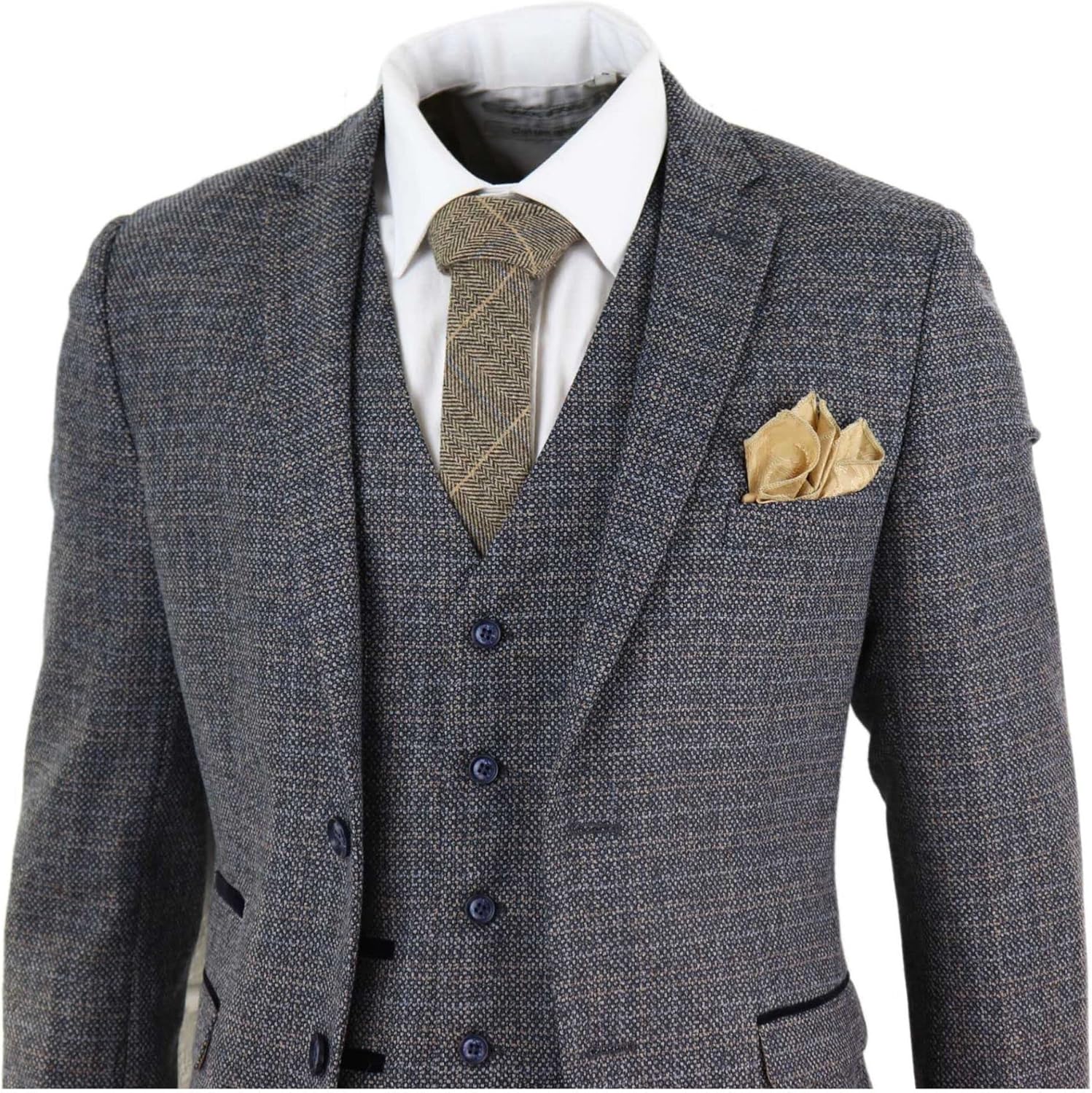 Mens 3 Piece Suit Tweed Check Vintage Retro Tailored Fit 1920s Navy Blue