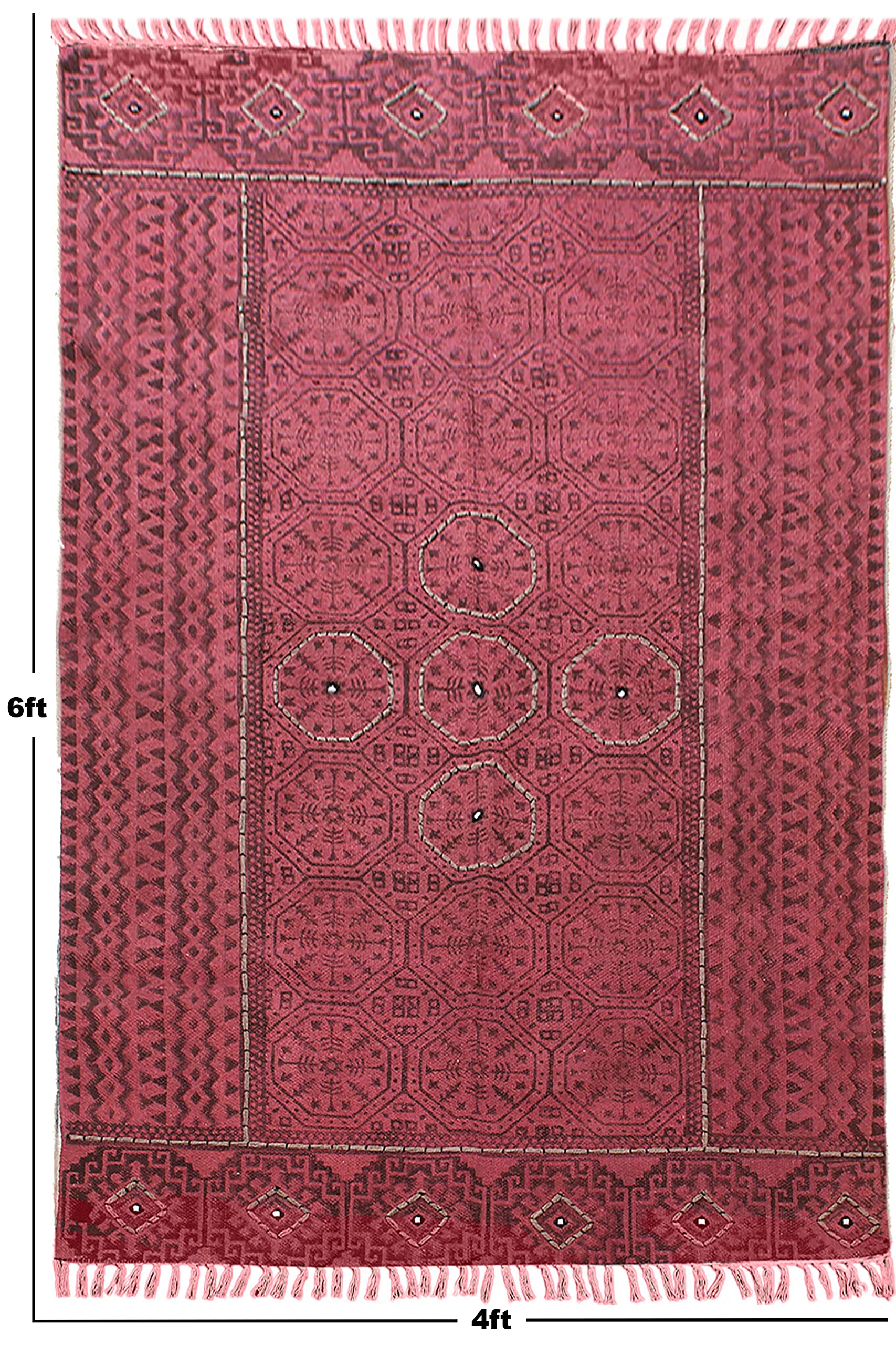 Dhurrie Teppich mit Handblockdruck, flach, handgewebt, Quaste, Boho, indischer, böhmischer Akzent, handgefertigt, handgewebter Teppich für Eingangsbereich, Flur 330 x 330 cm (11 x 11 Fuß im Quadrat)