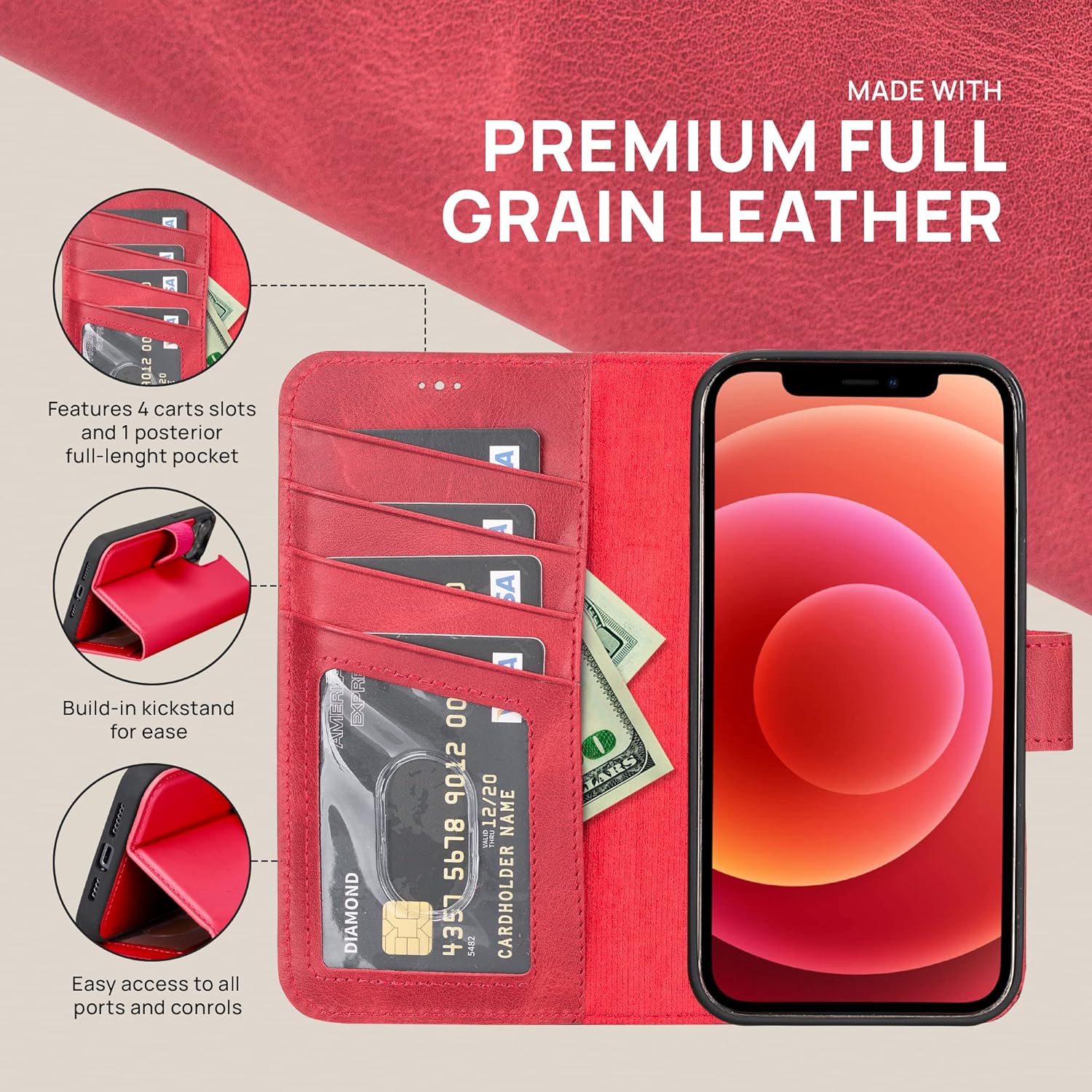OXA Leather 2-in-1 Wallet Case Compatible with iPhone 14 | Magnetic Detachable | Shockproof | RFID Blocking | Flip Case with Kickstand | Compatible with MagSafe | - Red