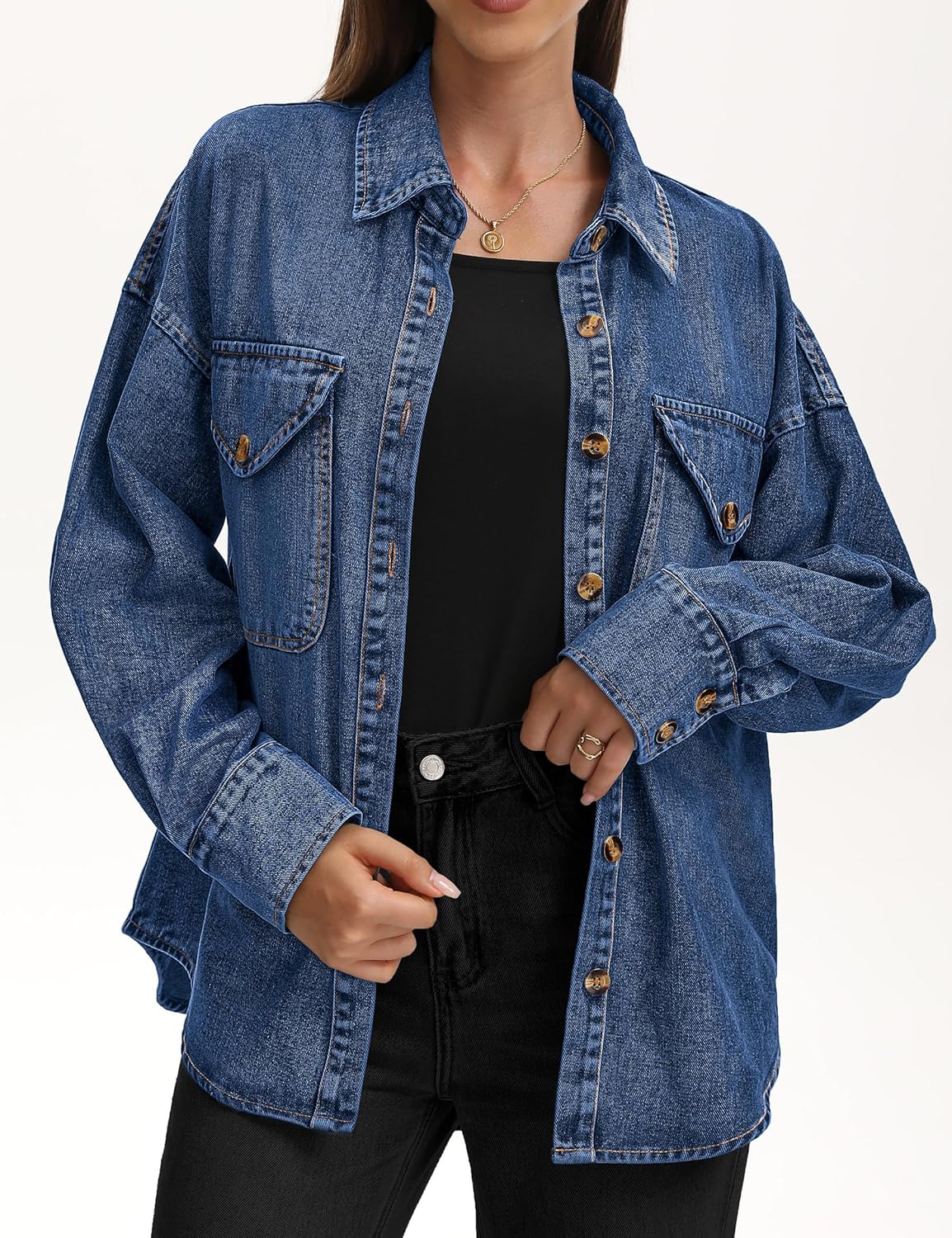 Women's Oversized Denim Shirt Long Sleeve Boyfriend Jean Jacket Button Down Blouse Top