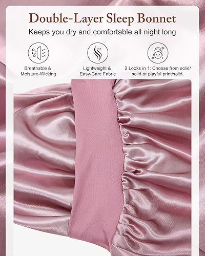 Miniatura 3 de AWAYTR Gorro largo de satén para mujer, gorro de seda elástica de doble capa para trenzas, gorro de dormir con banda de amarre (oro rosa)