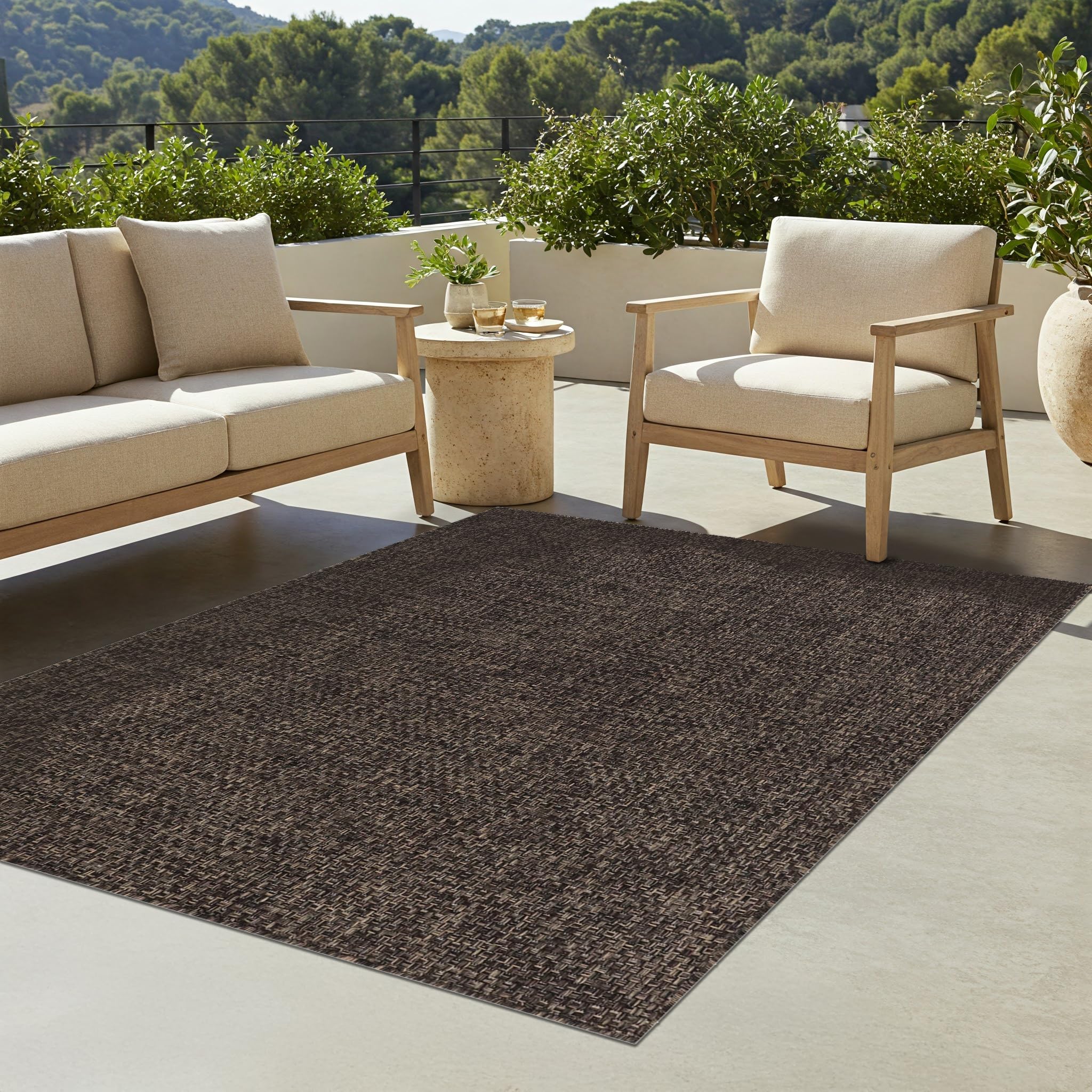 TAPISO Verano Tapis Intérieur Et Extérieur - Résistant Aux Intempéries, Brun Monochrome Moucheté, Tissé à Plat - Tapis Balcon, Salon, Terrasse, Cuisine - Oeko-TEX 60 x 200 cm