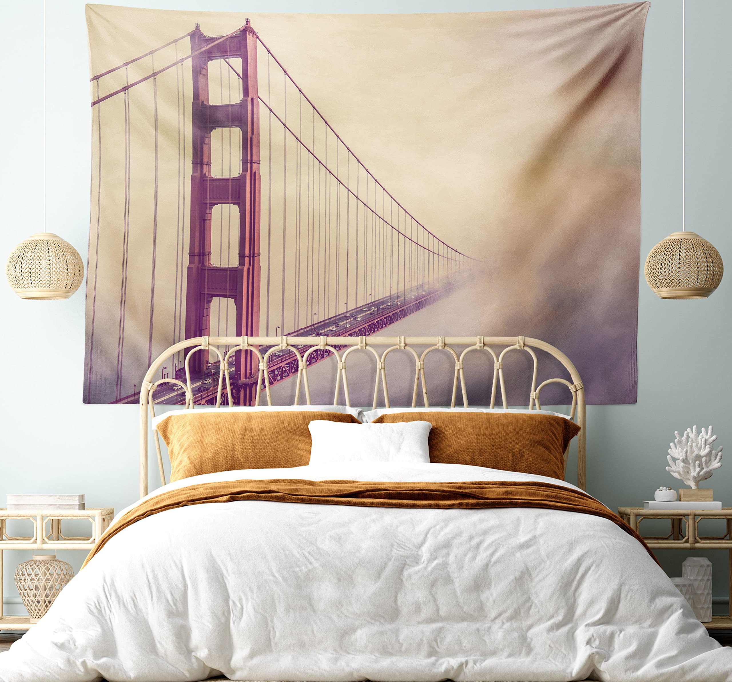 Ambesonne United States Tapestry, San Francisco Golden Gate Bridge Scenery Fog Highway Architecture, Wide Wall Hanging for Bedroom Living Room Dorm, 80