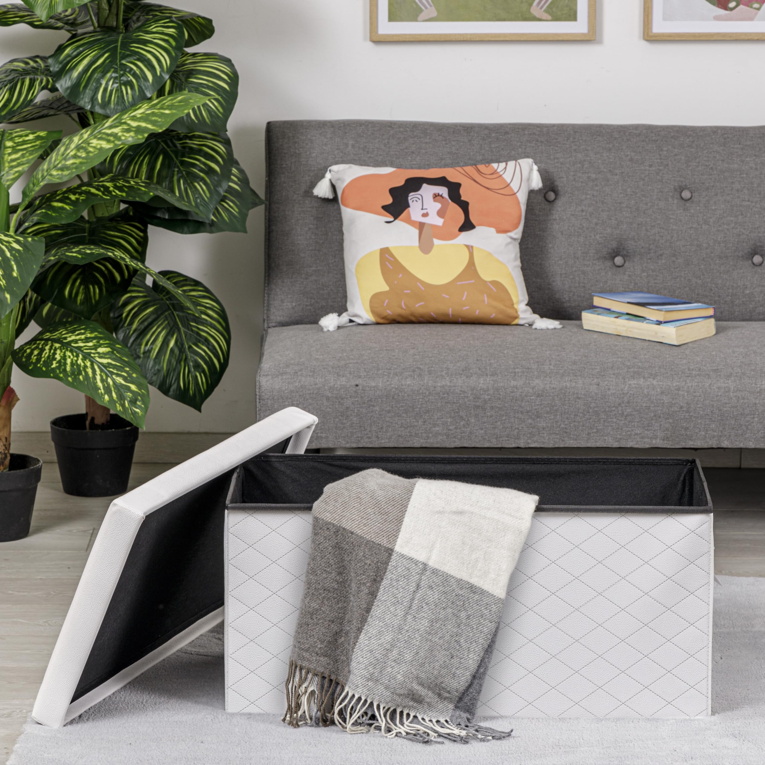 Baroni Home Baúl Plegable, Contenedor de Almacenaje, Reposapiés 76x38x38 cm, Cuero Sintético, Blanco